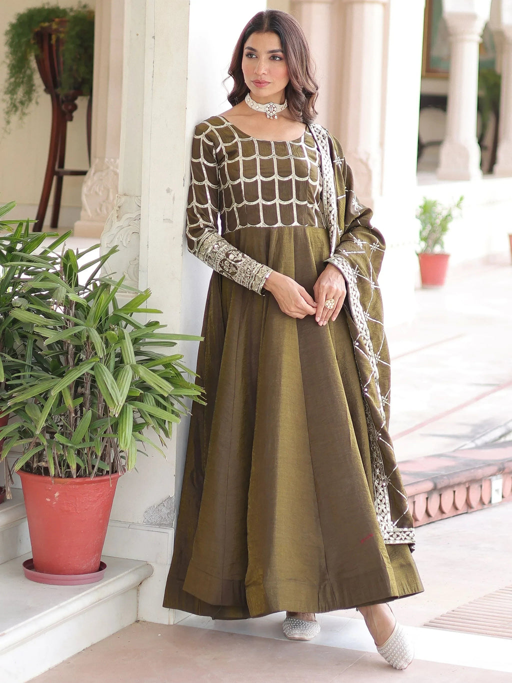 Green Dazzling Zari Embroidered Silk Festival Wear Gown With Dupatta