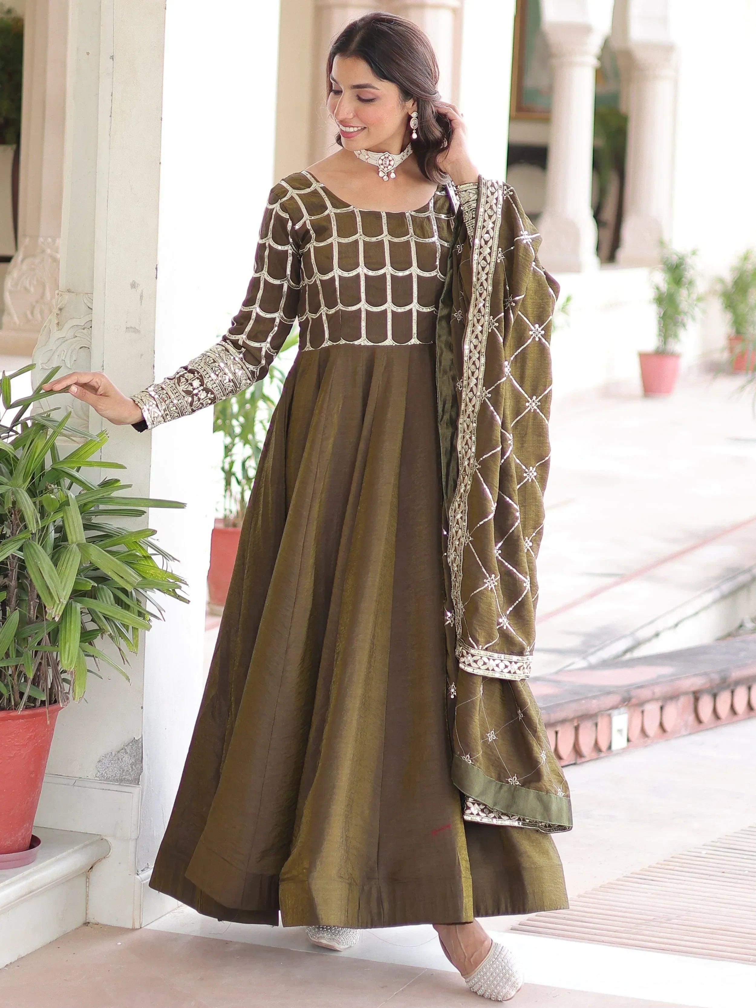 Green Dazzling Zari Embroidered Silk Festival Wear Gown With Dupatta