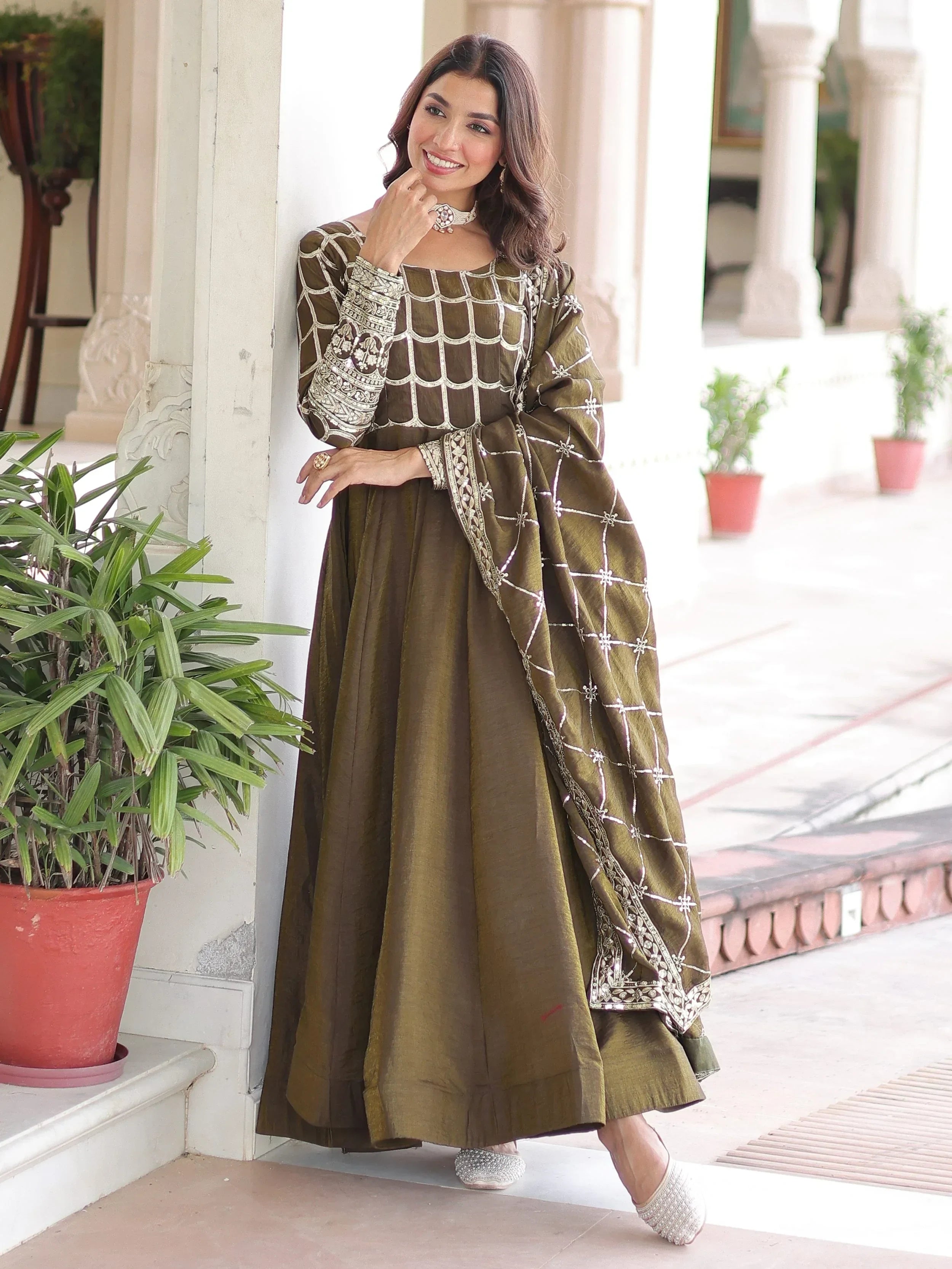 Green Dazzling Zari Embroidered Silk Festival Wear Gown With Dupatta