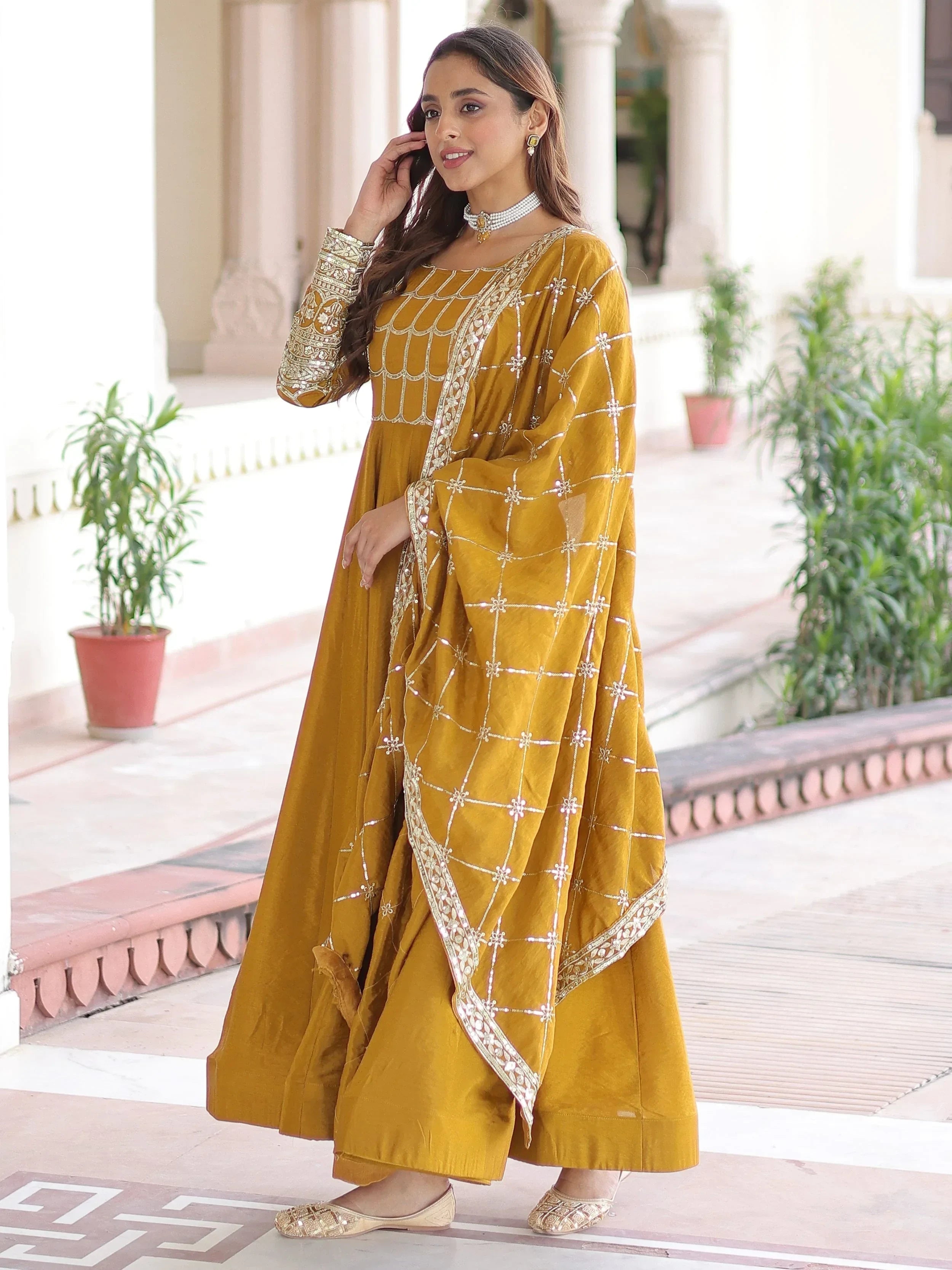 Mustard Dazzling Zari Embroidered Silk Festival Wear Gown With Dupatta