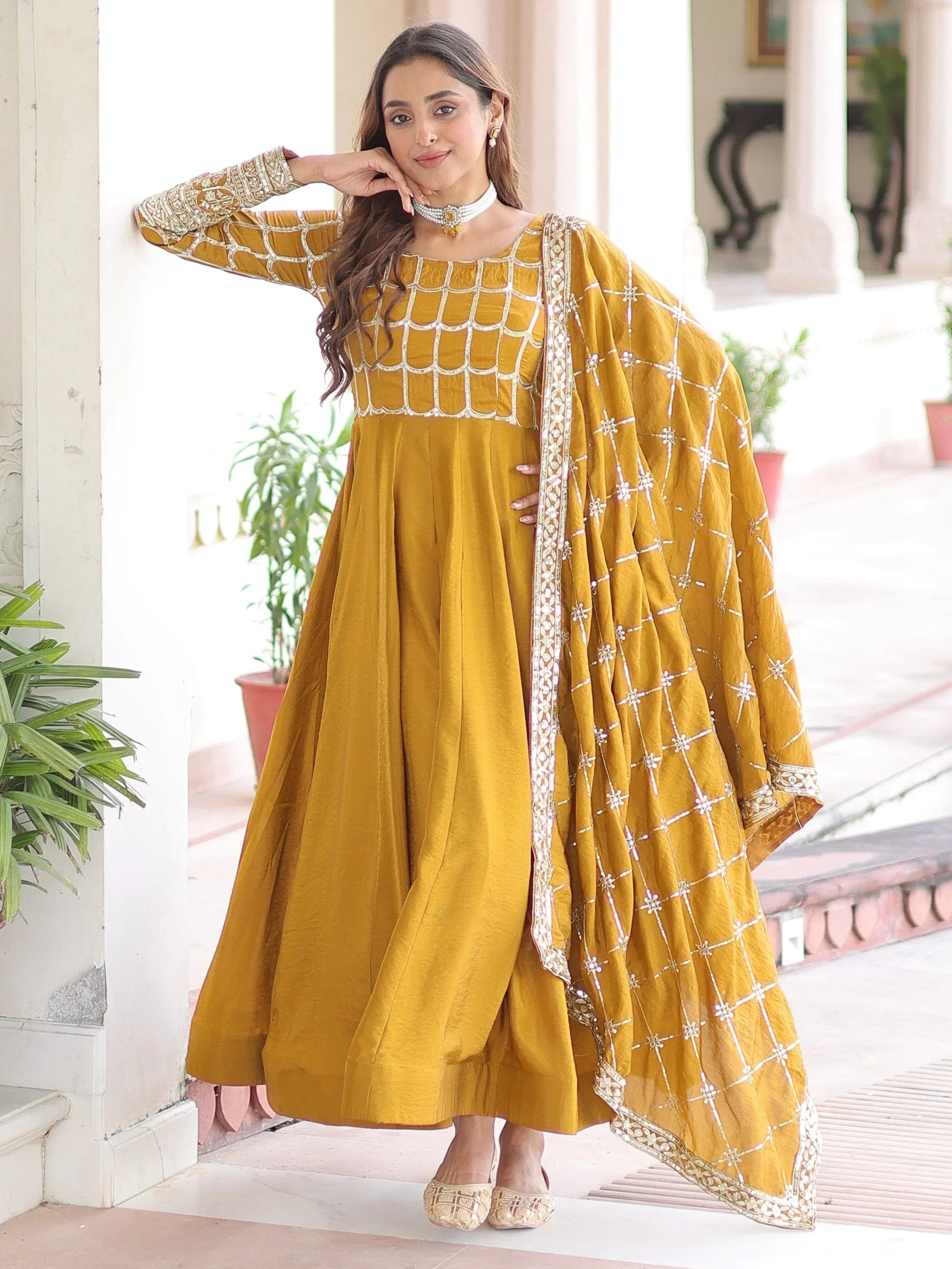 Mustard Dazzling Zari Embroidered Silk Festival Wear Gown With Dupatta