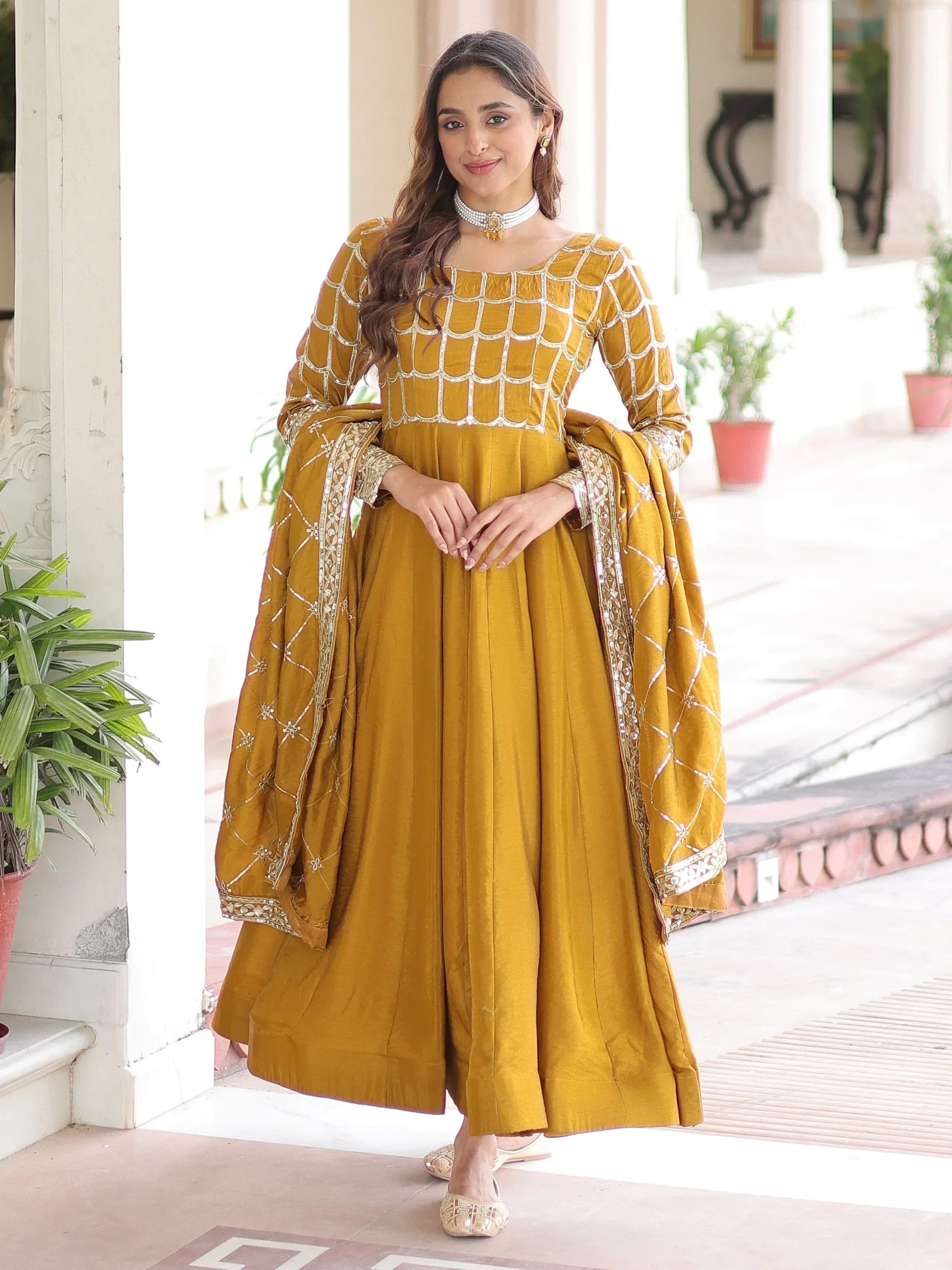 Mustard Dazzling Zari Embroidered Silk Festival Wear Gown With Dupatta