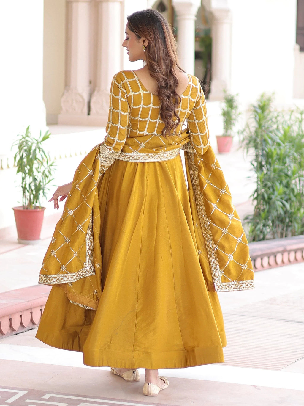 Mustard Dazzling Zari Embroidered Silk Festival Wear Gown With Dupatta