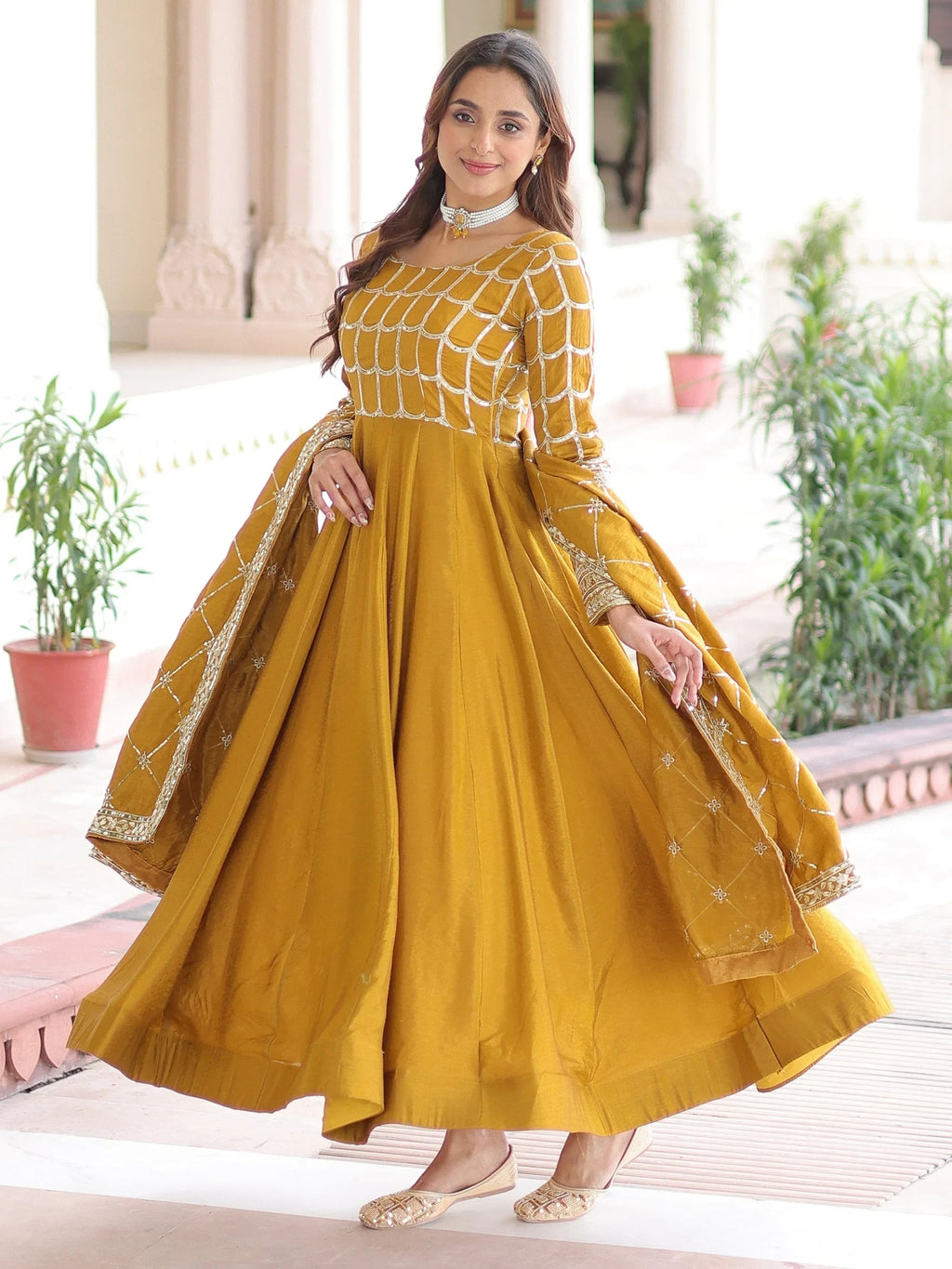 Mustard Dazzling Zari Embroidered Silk Festival Wear Gown With Dupatta