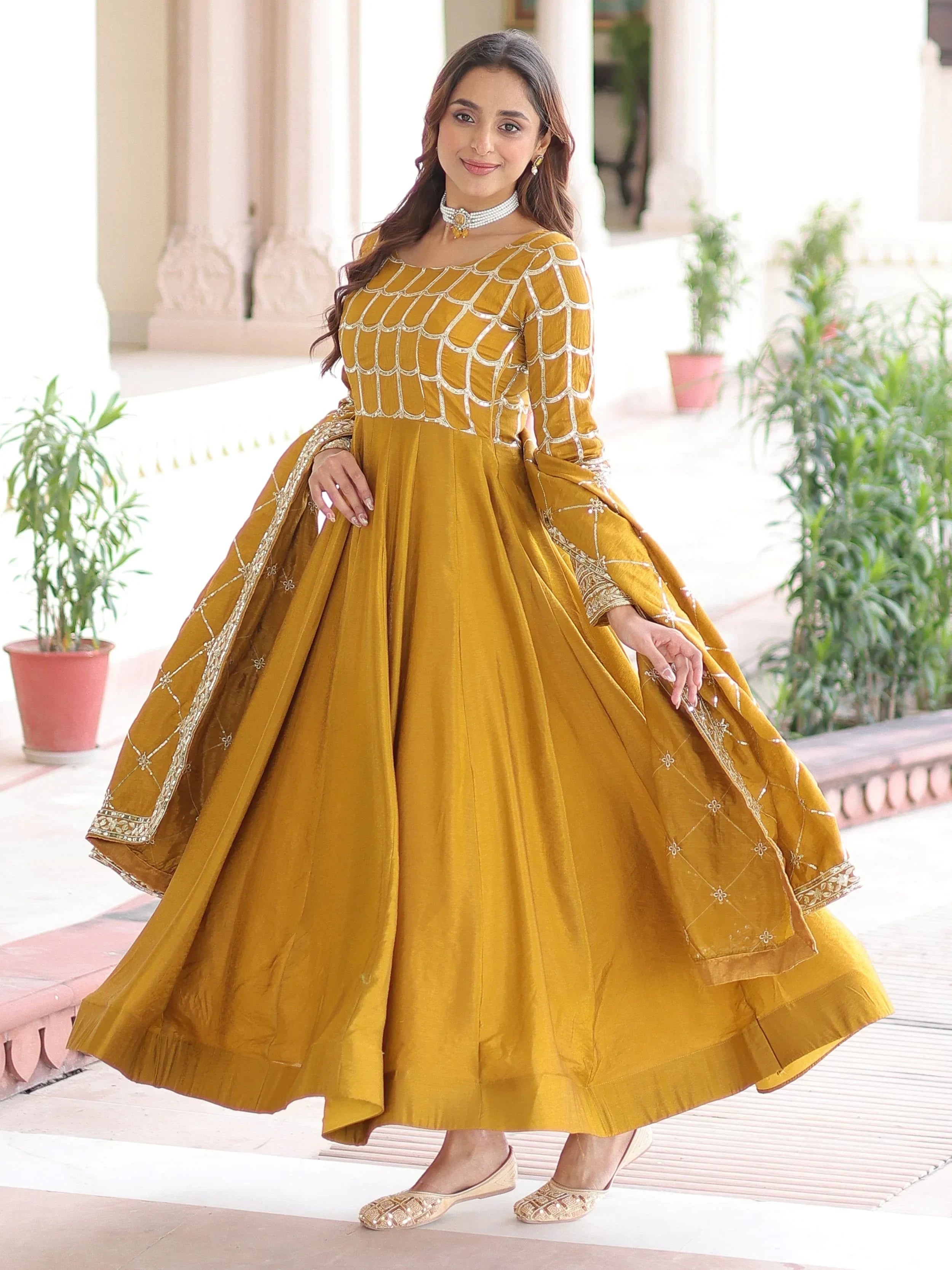 Mustard Dazzling Zari Embroidered Silk Festival Wear Gown With Dupatta