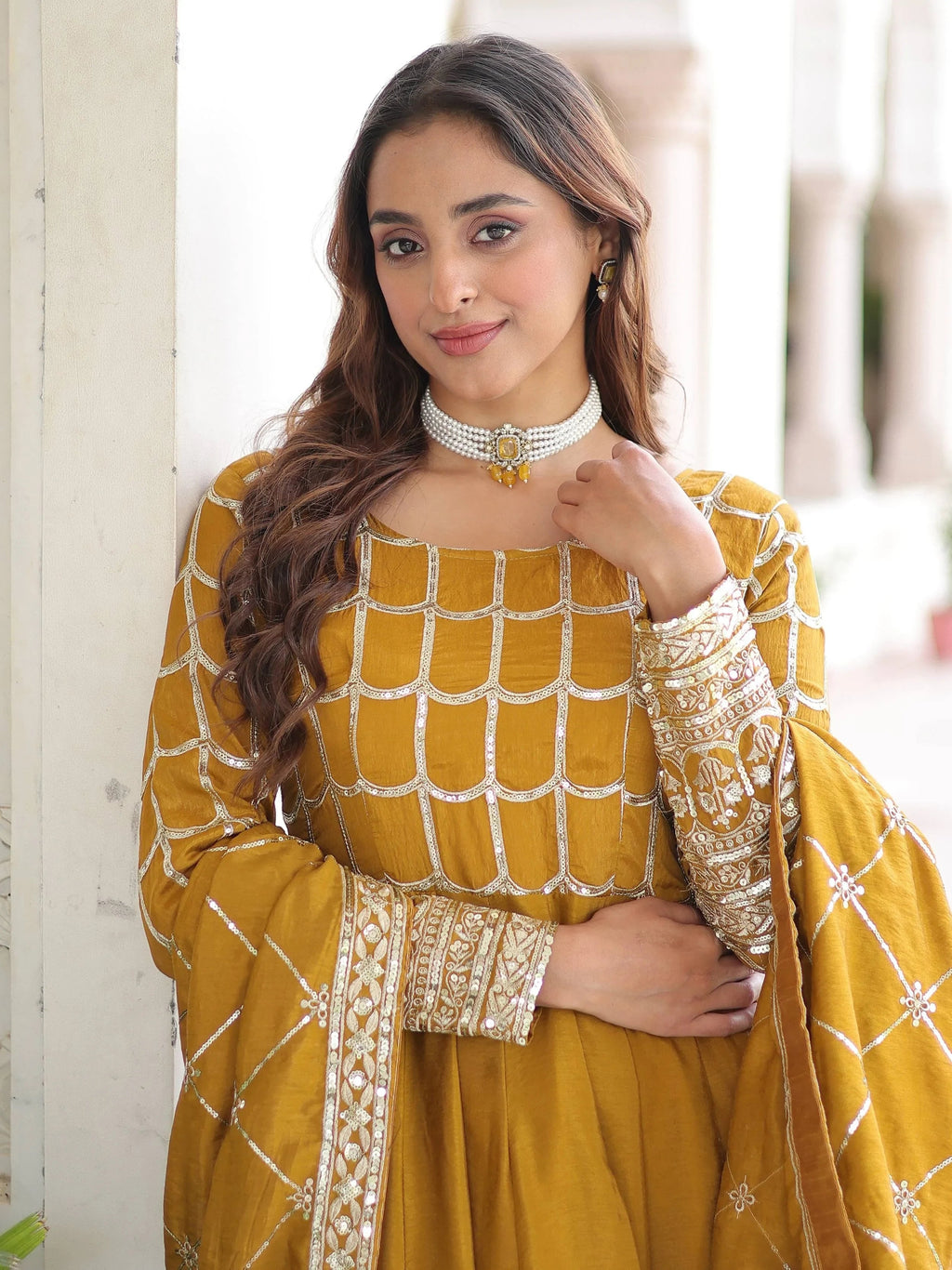 Mustard Dazzling Zari Embroidered Silk Festival Wear Gown With Dupatta