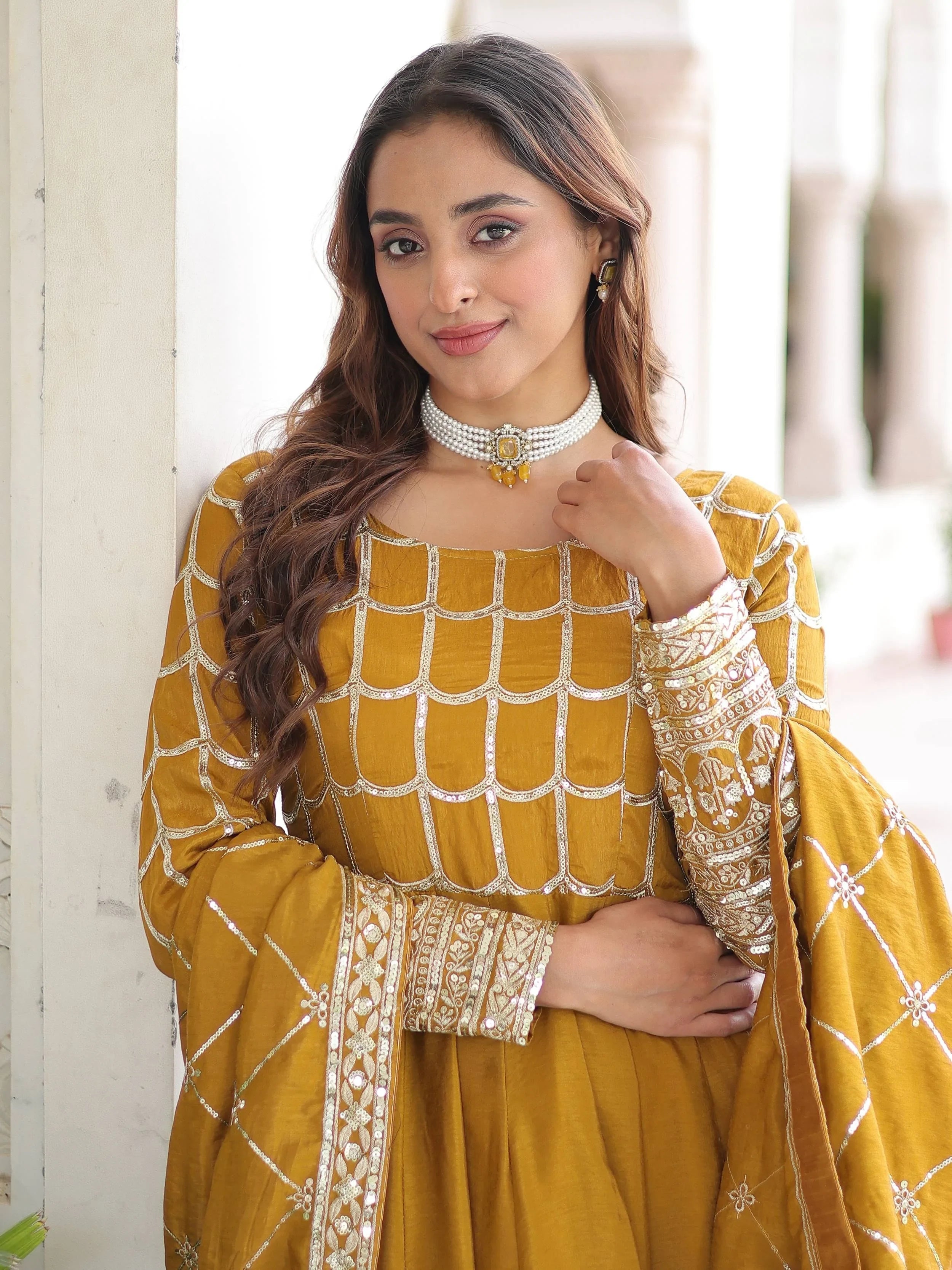 Mustard Dazzling Zari Embroidered Silk Festival Wear Gown With Dupatta