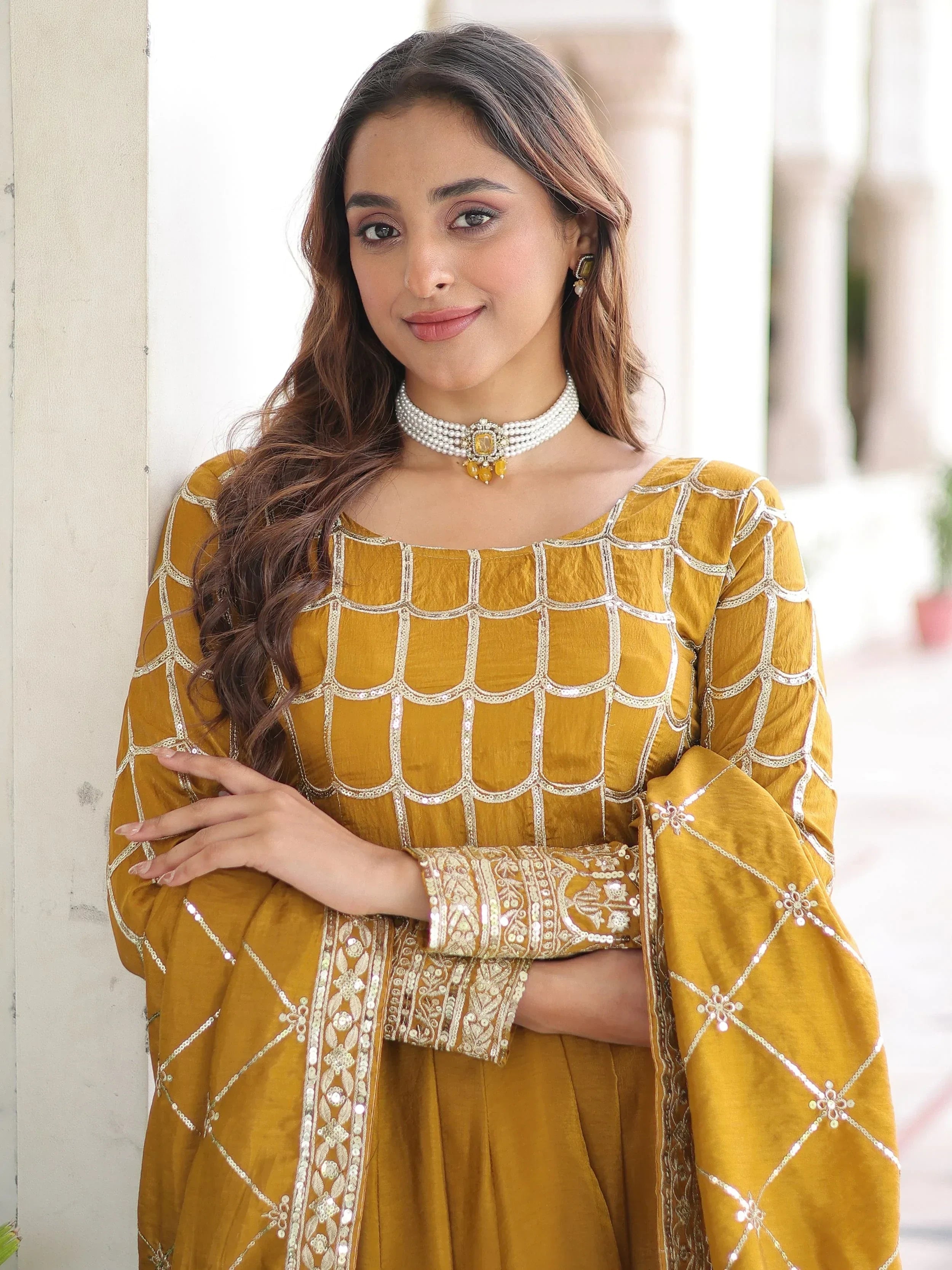 Mustard Dazzling Zari Embroidered Silk Festival Wear Gown With Dupatta