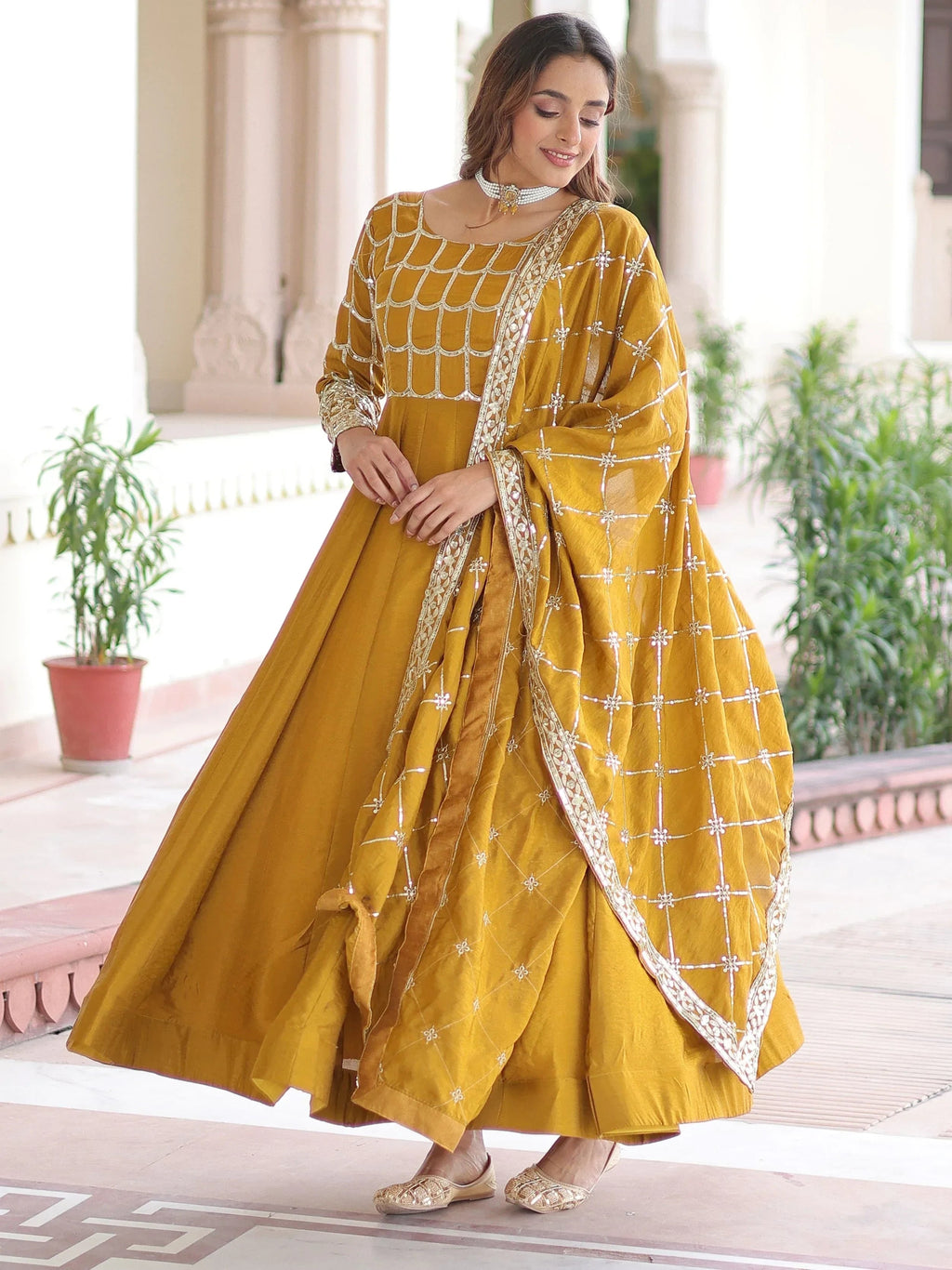 Mustard Dazzling Zari Embroidered Silk Festival Wear Gown With Dupatta