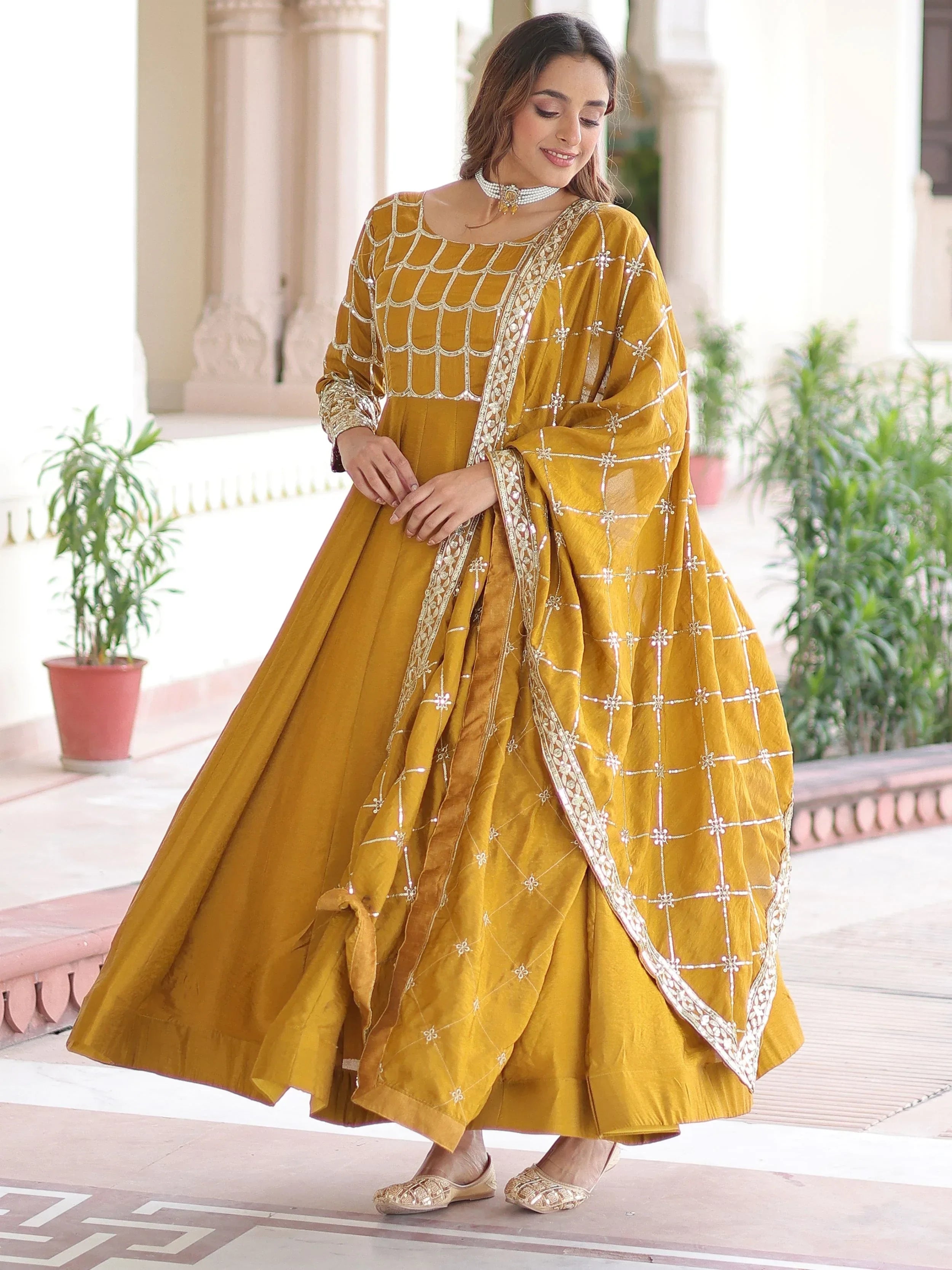 Mustard Dazzling Zari Embroidered Silk Festival Wear Gown With Dupatta