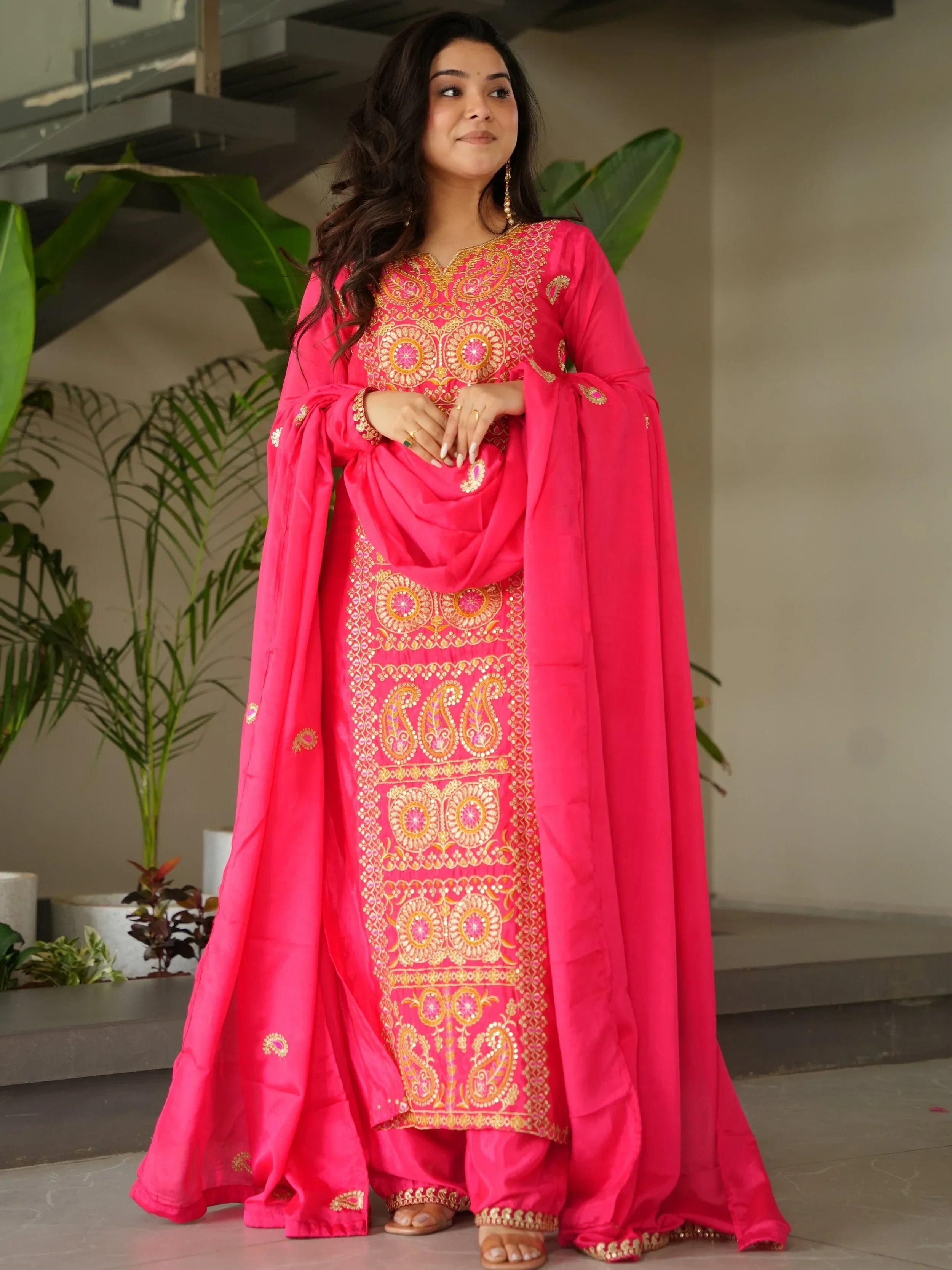 Pink Attractive Embroidered Chinon Function Wear Salwar Kameez