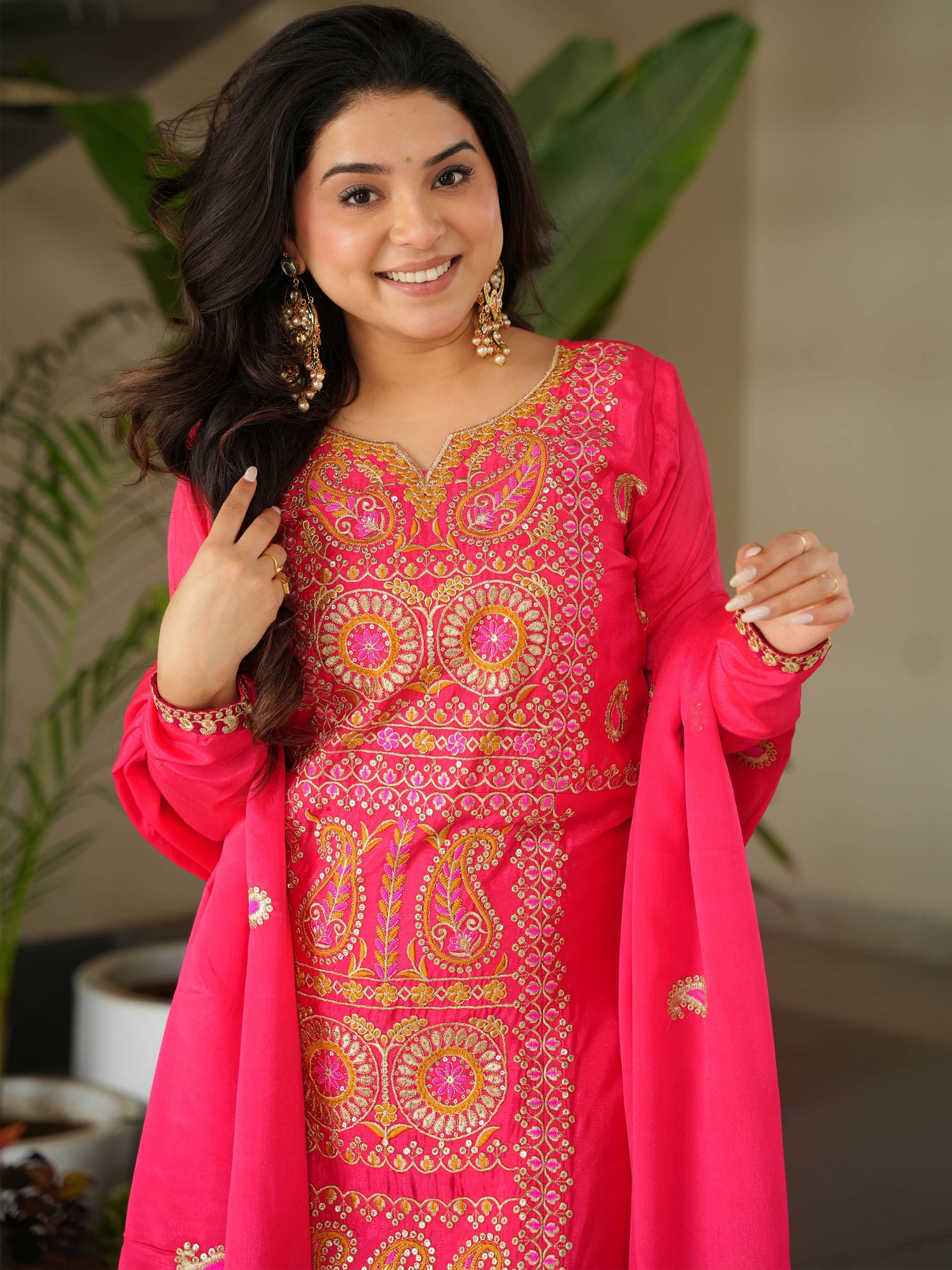 Pink Attractive Embroidered Chinon Function Wear Salwar Kameez