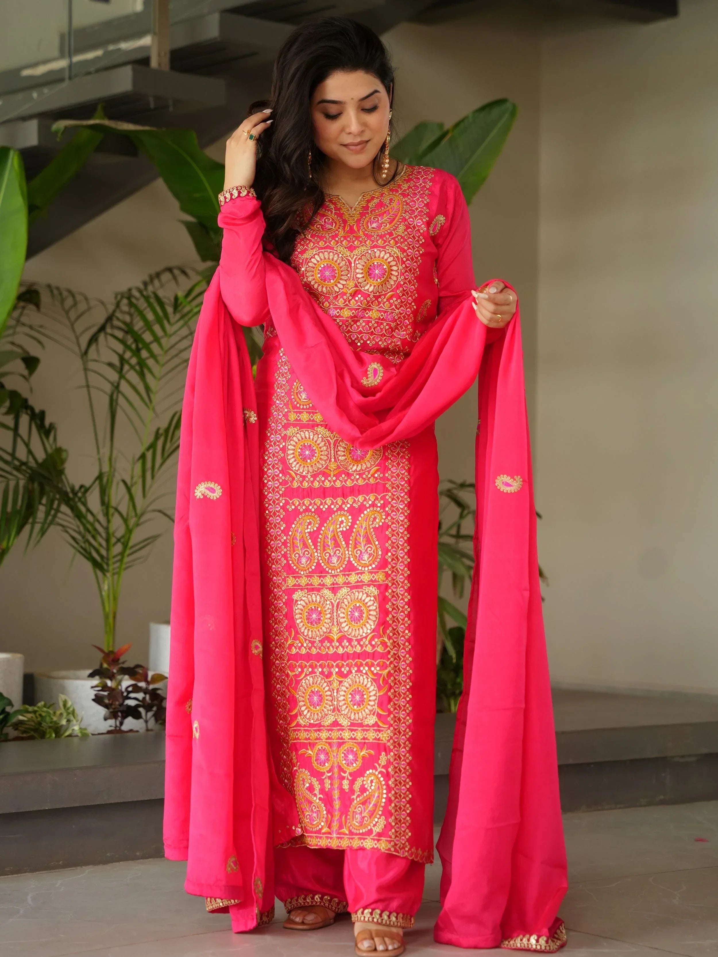 Pink Attractive Embroidered Chinon Function Wear Salwar Kameez