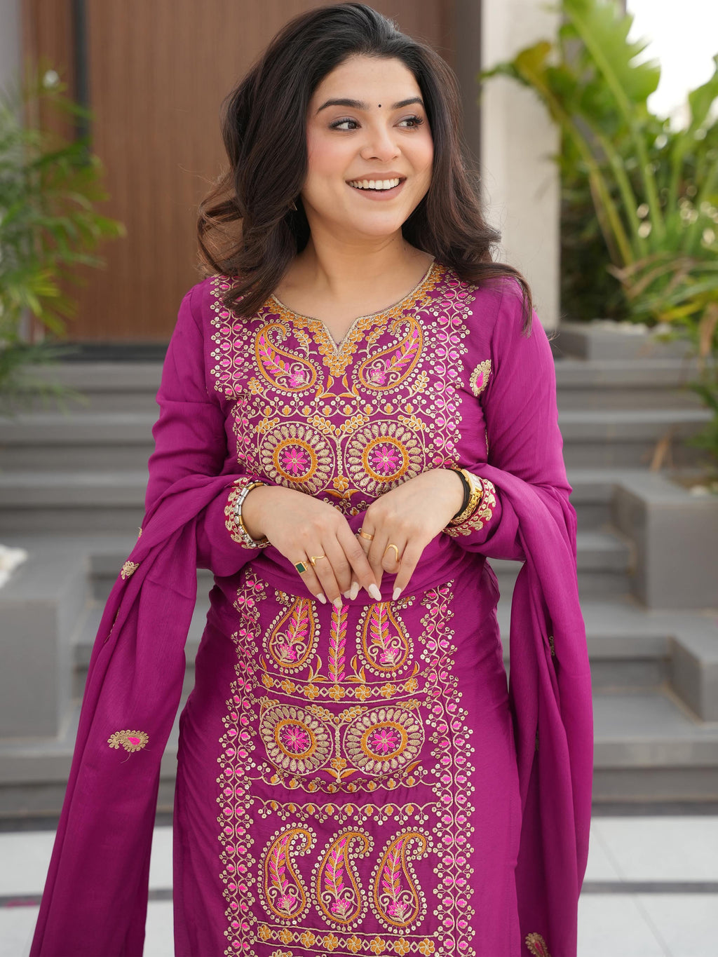 Purple Attractive Embroidered Chinon Function Wear Salwar Kameez