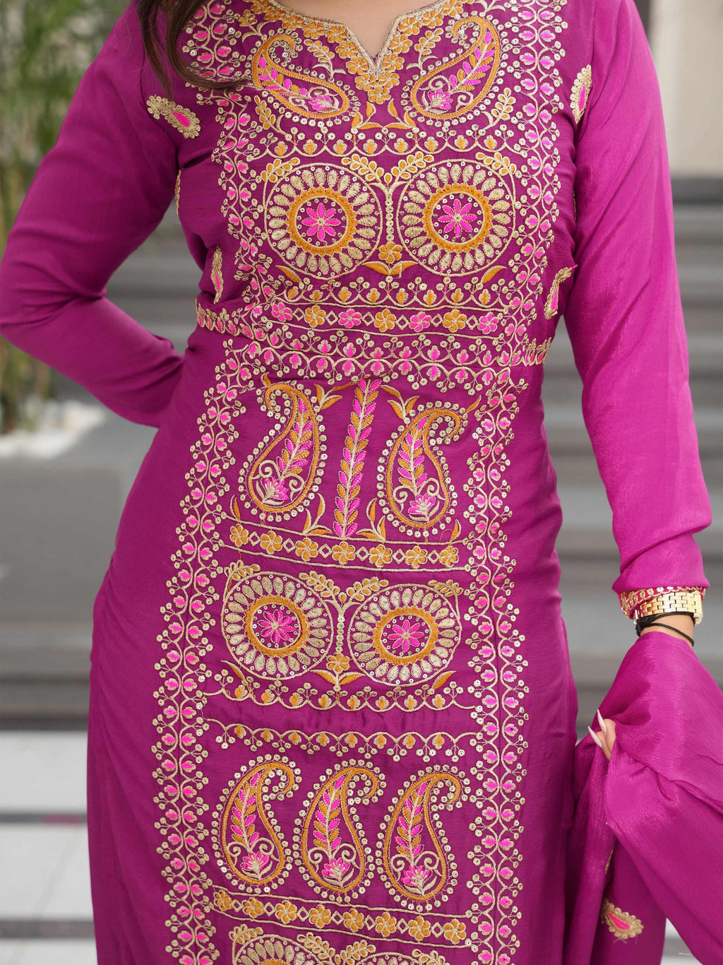 Purple Attractive Embroidered Chinon Function Wear Salwar Kameez