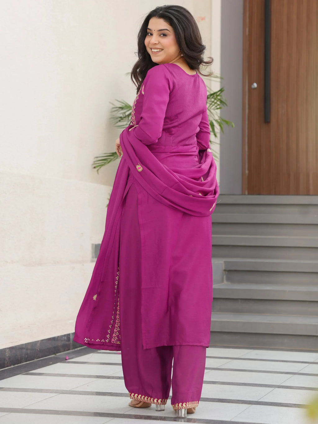 Purple Attractive Embroidered Chinon Function Wear Salwar Kameez