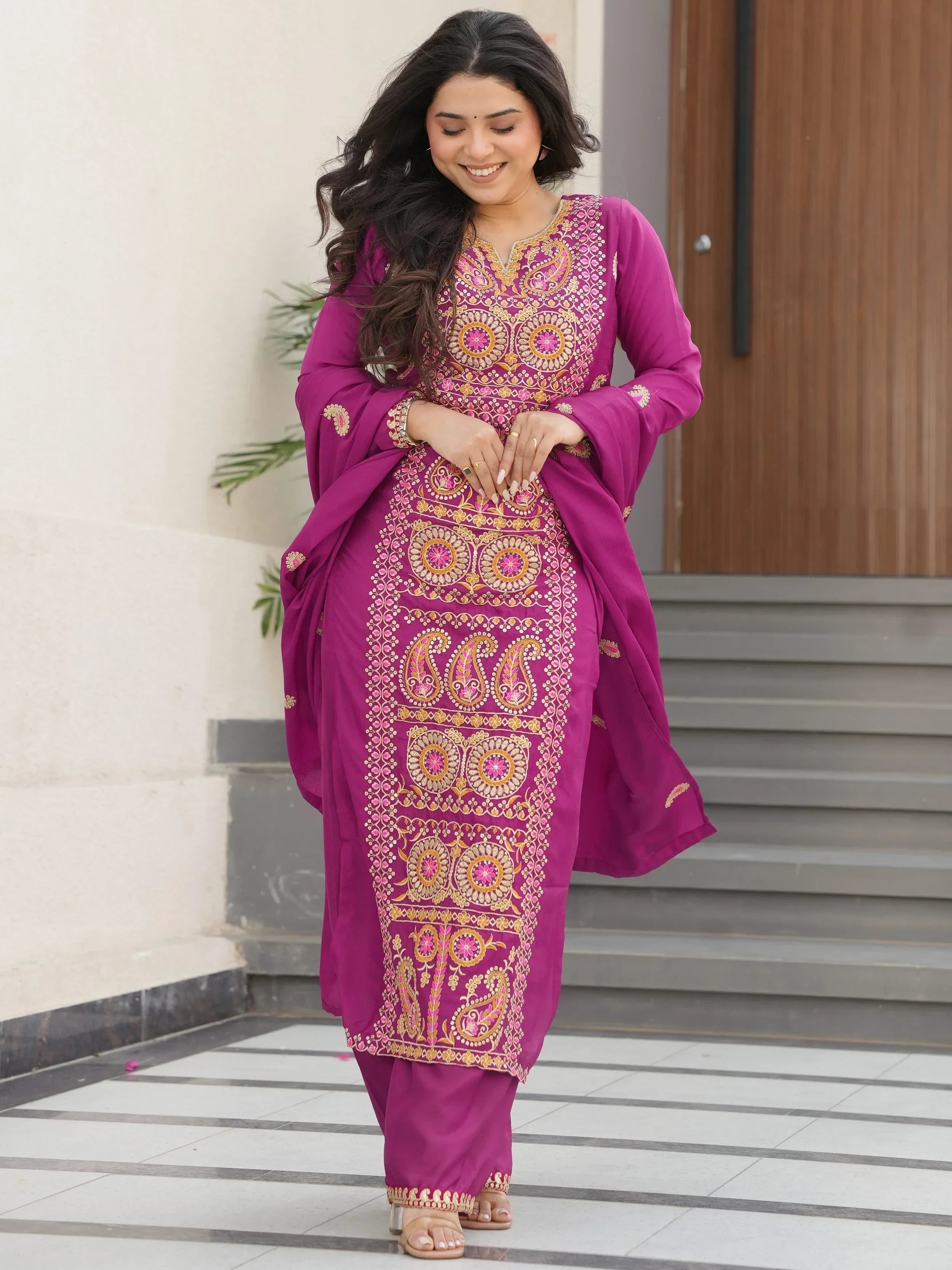 Purple Attractive Embroidered Chinon Function Wear Salwar Kameez