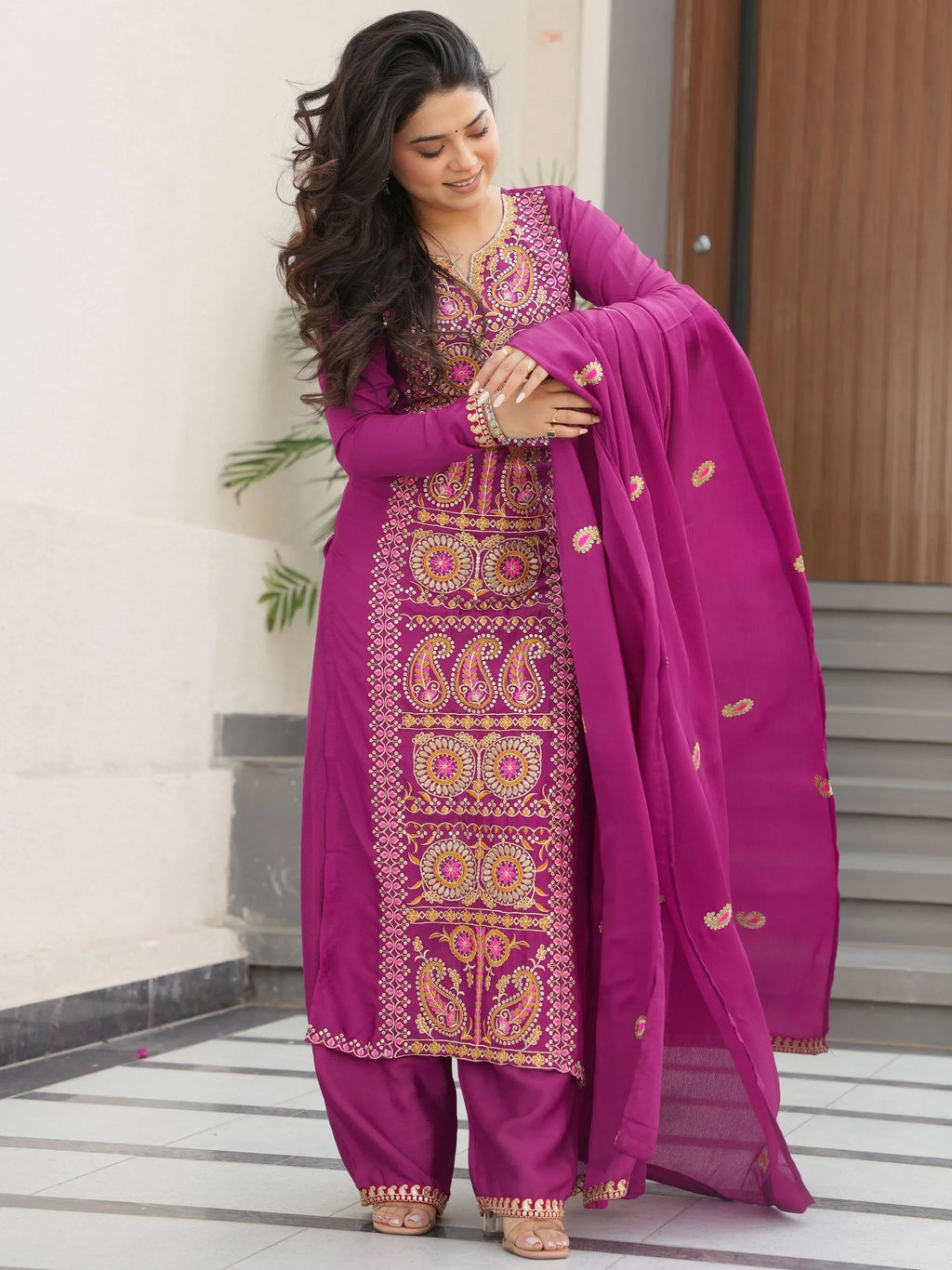 Purple Attractive Embroidered Chinon Function Wear Salwar Kameez