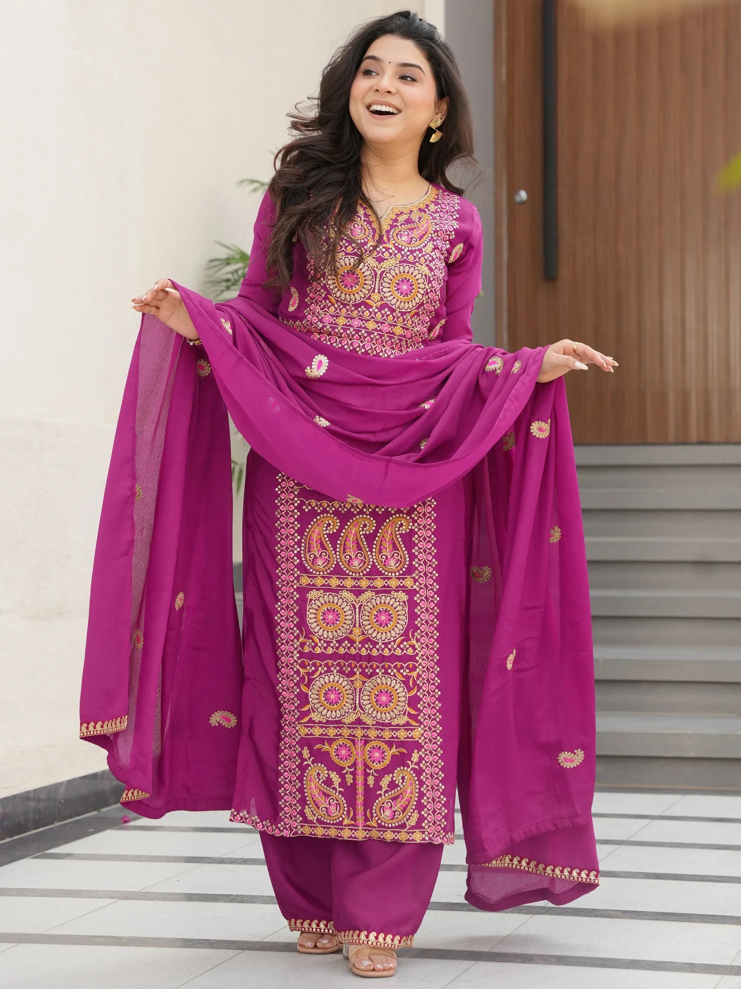 Purple Attractive Embroidered Chinon Function Wear Salwar Kameez