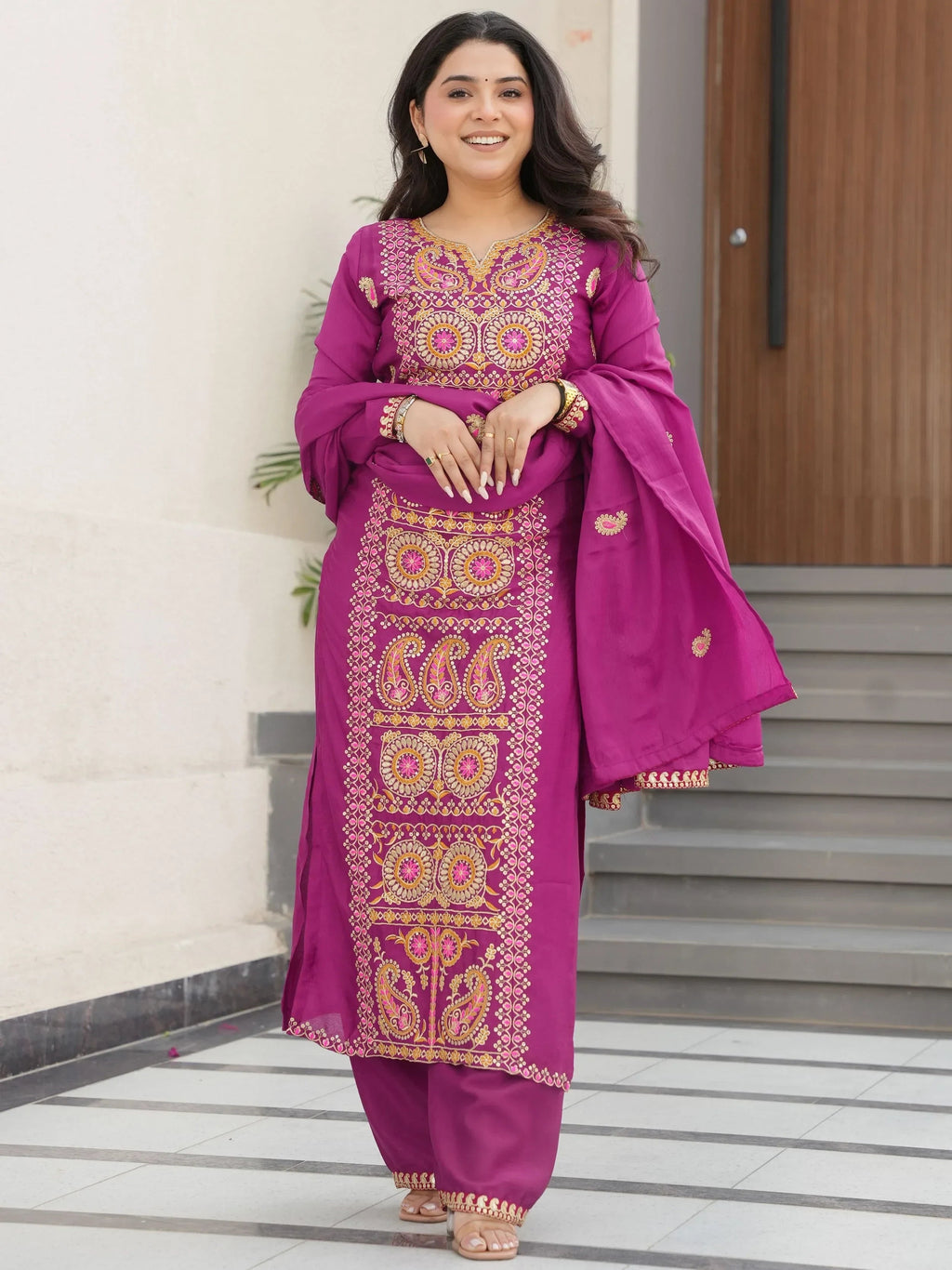 Purple Attractive Embroidered Chinon Function Wear Salwar Kameez
