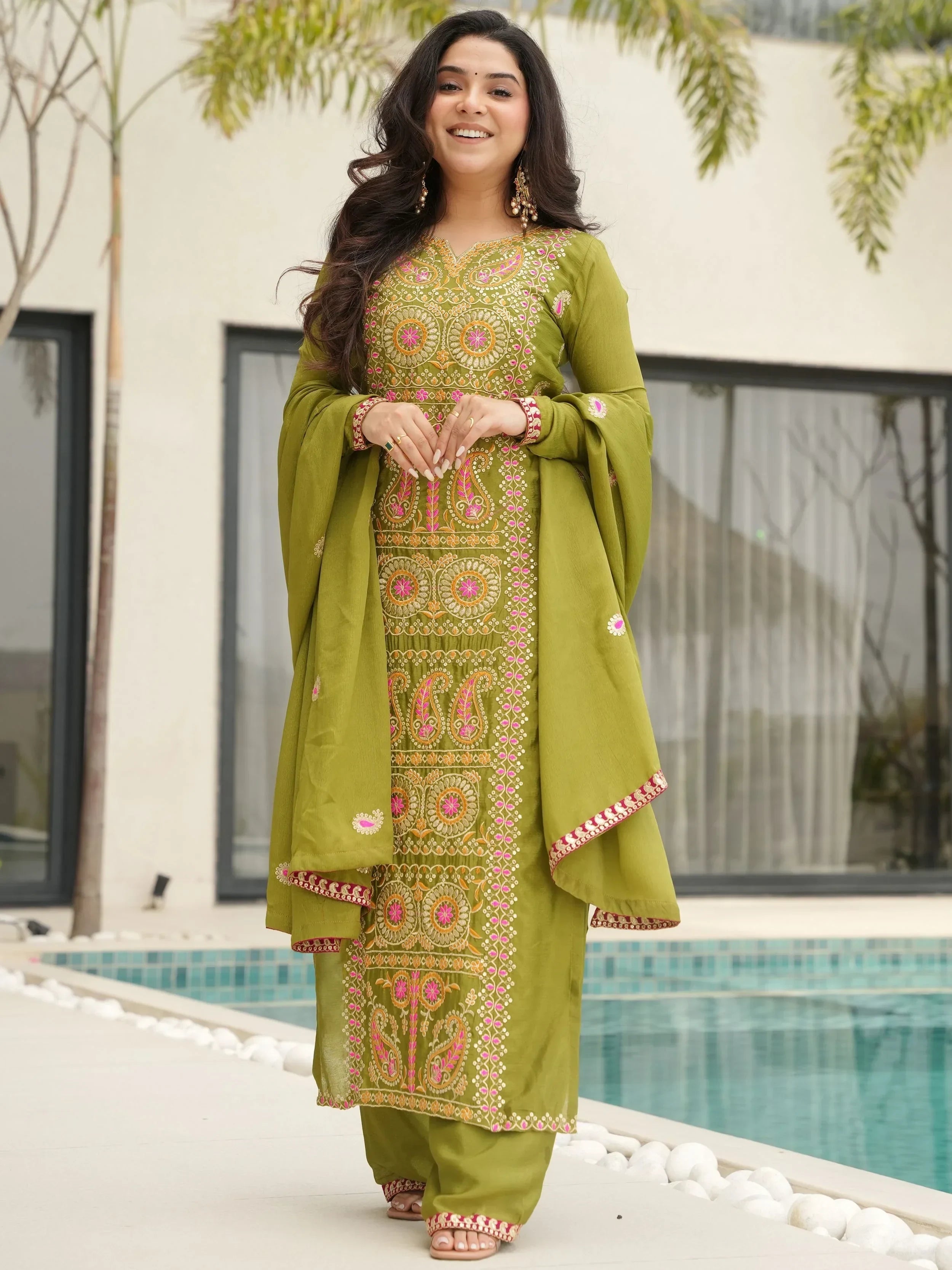 Green Attractive Embroidered Chinon Function Wear Salwar Kameez