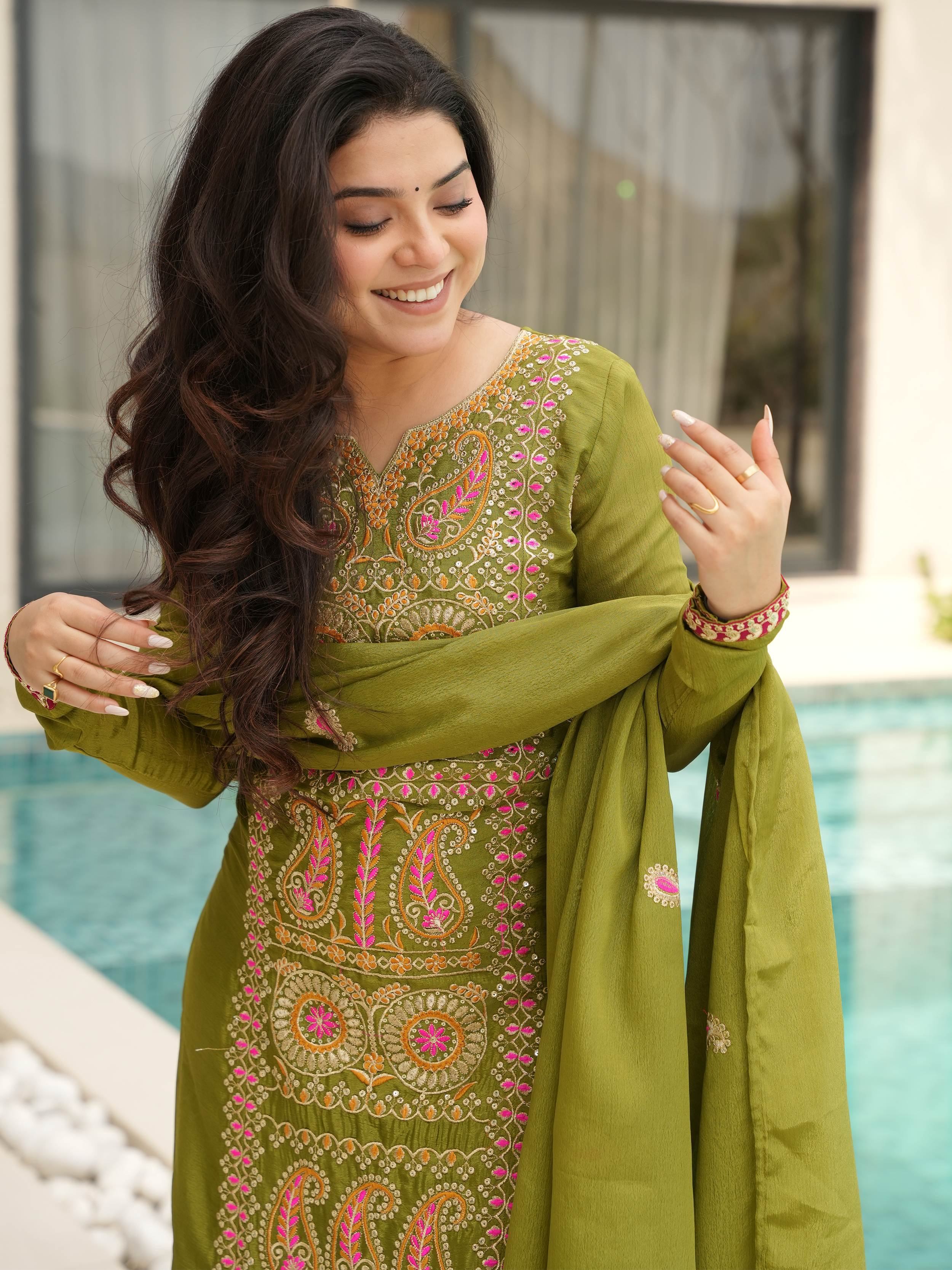 Green Attractive Embroidered Chinon Function Wear Salwar Kameez
