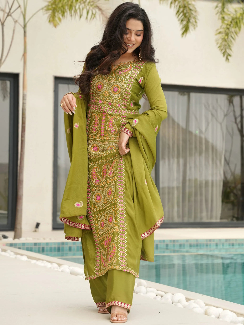 Green Attractive Embroidered Chinon Function Wear Salwar Kameez