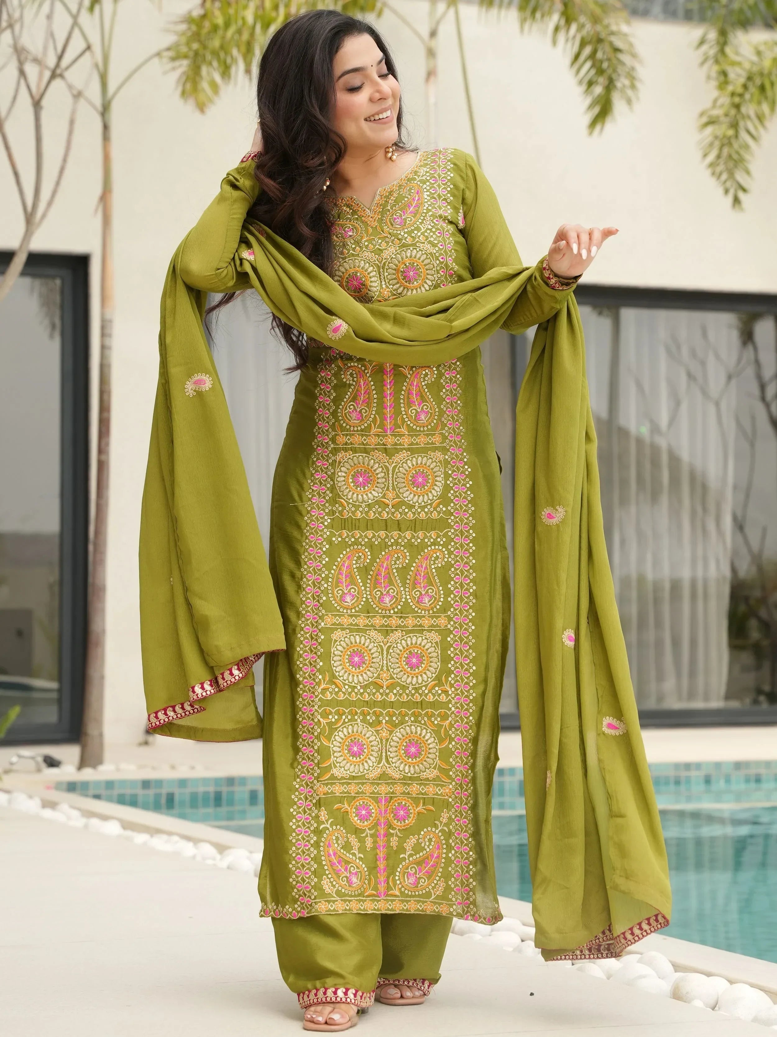 Green Attractive Embroidered Chinon Function Wear Salwar Kameez