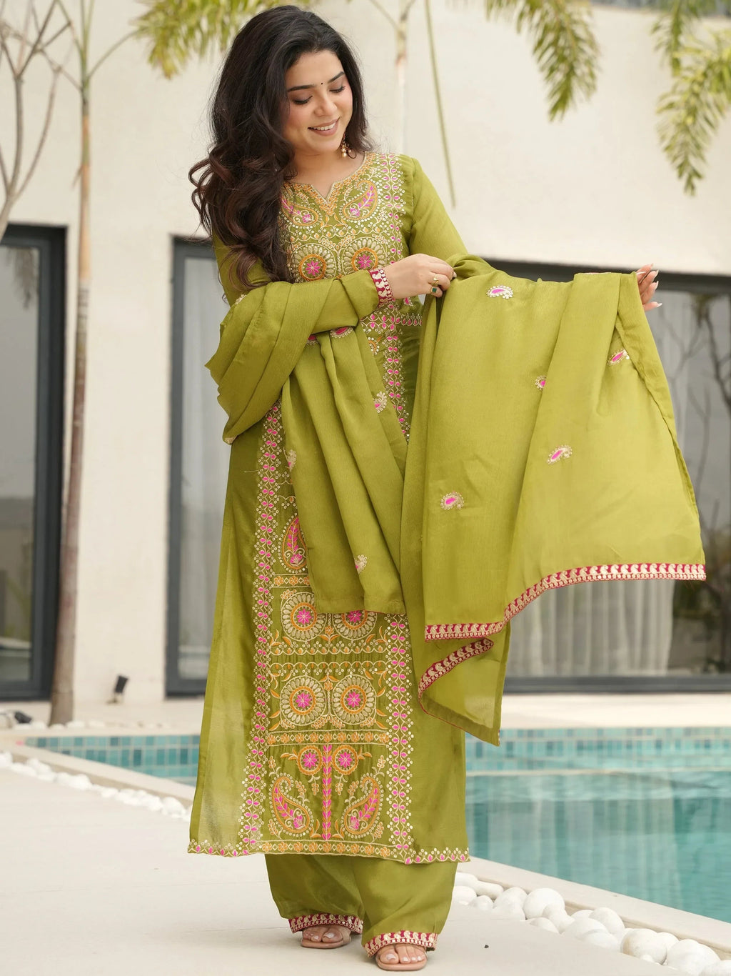 Green Attractive Embroidered Chinon Function Wear Salwar Kameez