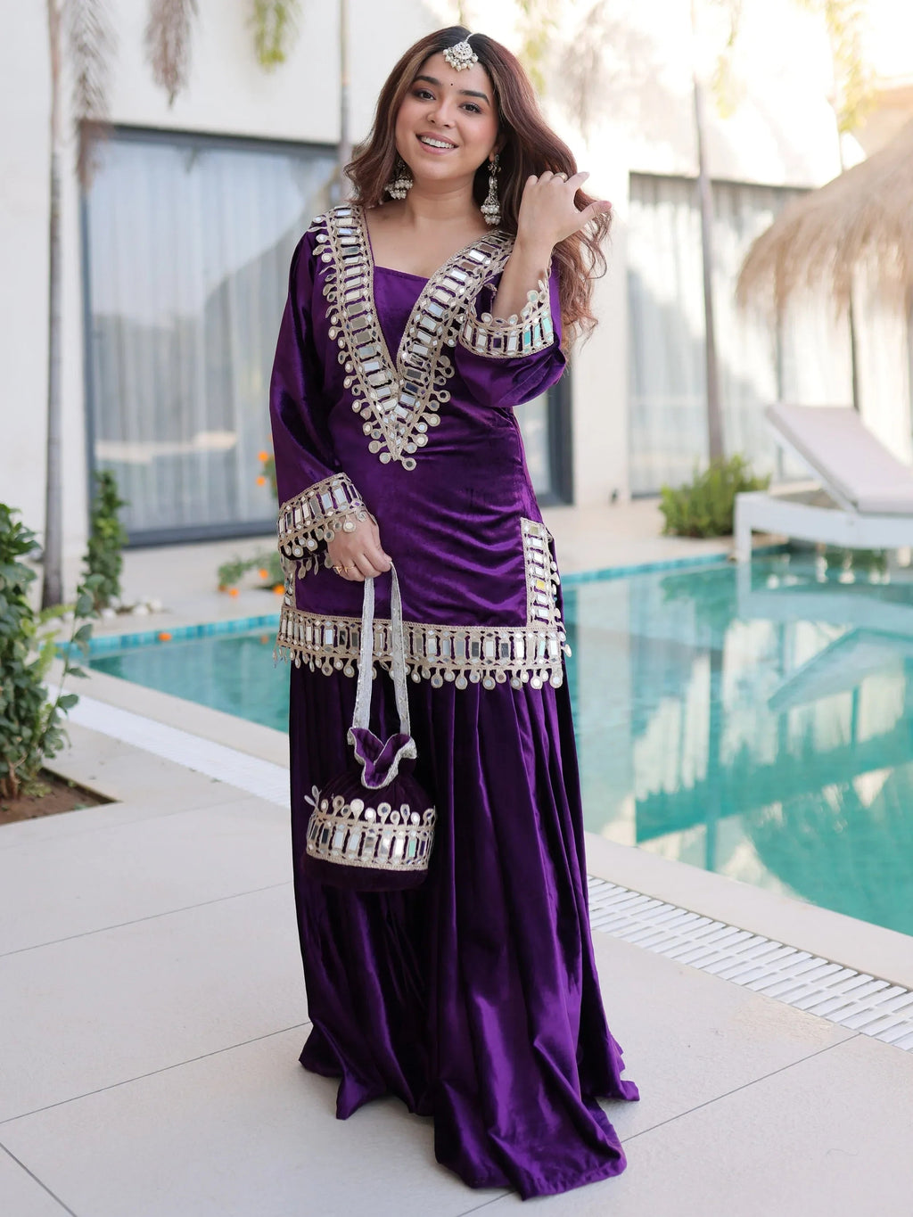 Purple Alluring Zari Embroidered Velvet Festival Wear Top With Palazzo