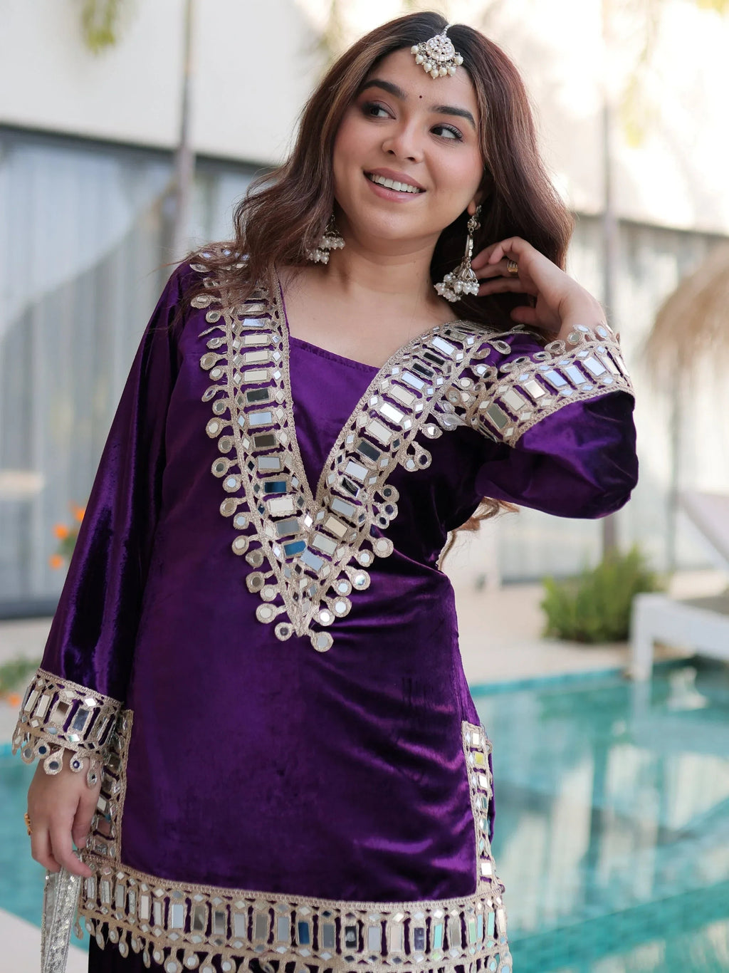 Purple Alluring Zari Embroidered Velvet Festival Wear Top With Palazzo