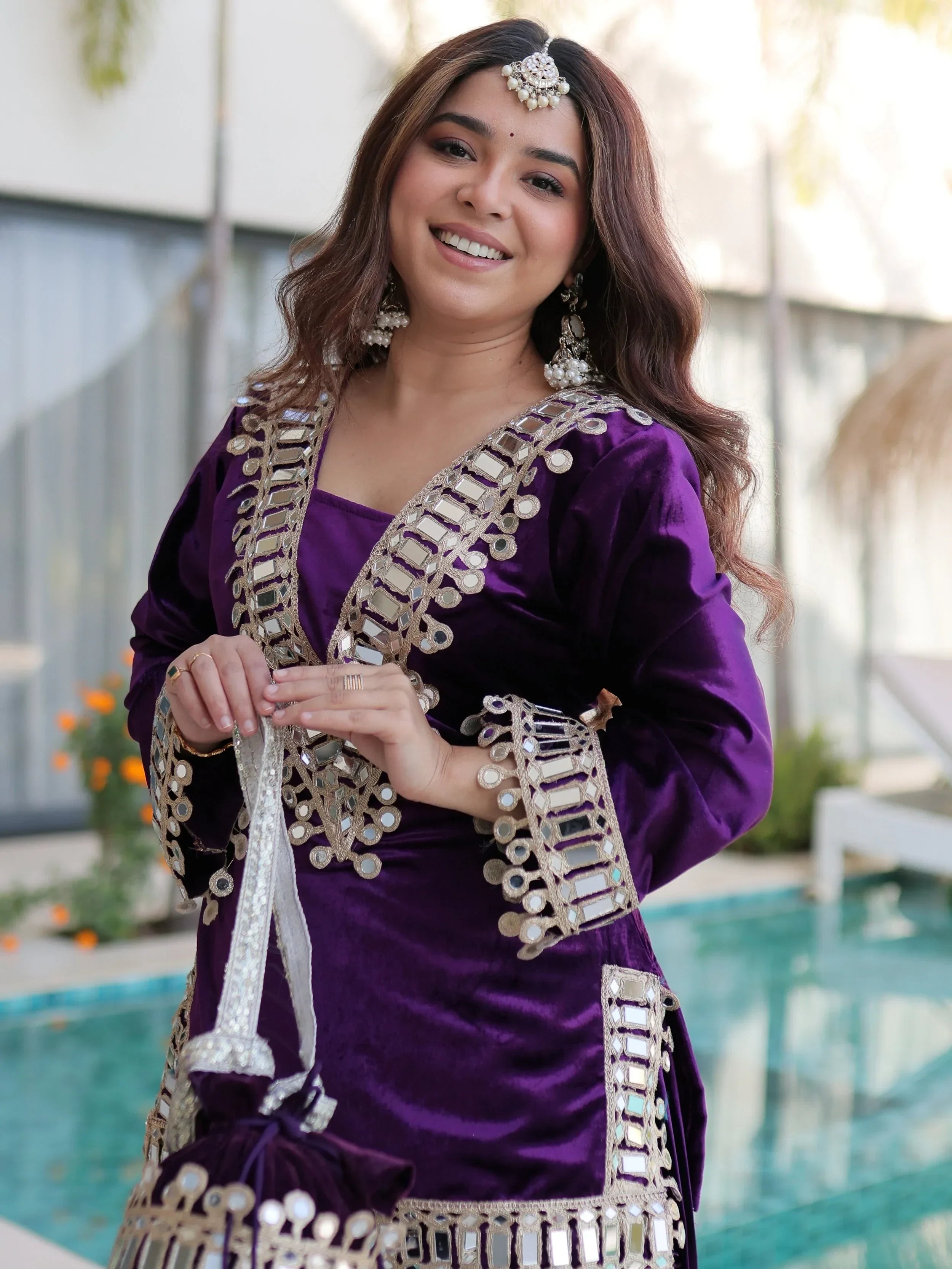 Purple Alluring Zari Embroidered Velvet Festival Wear Top With Palazzo