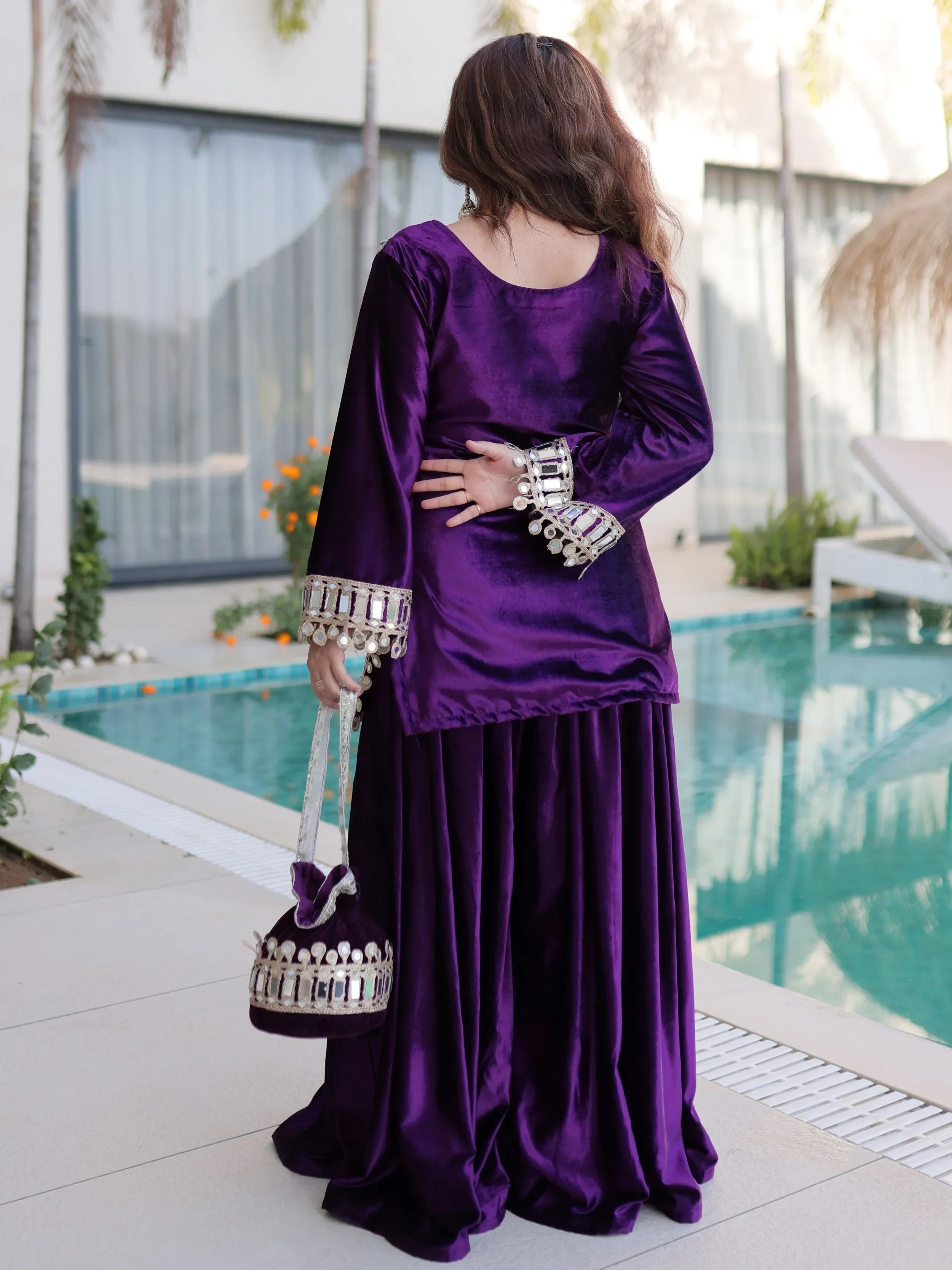 Purple Alluring Zari Embroidered Velvet Festival Wear Top With Palazzo