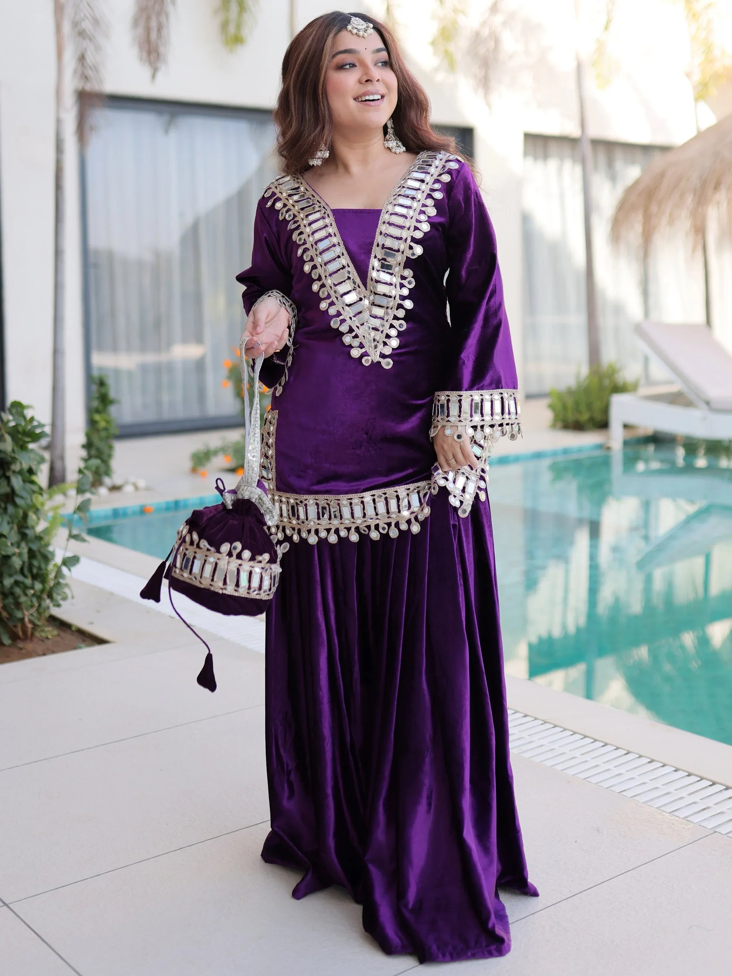 Purple Alluring Zari Embroidered Velvet Festival Wear Top With Palazzo