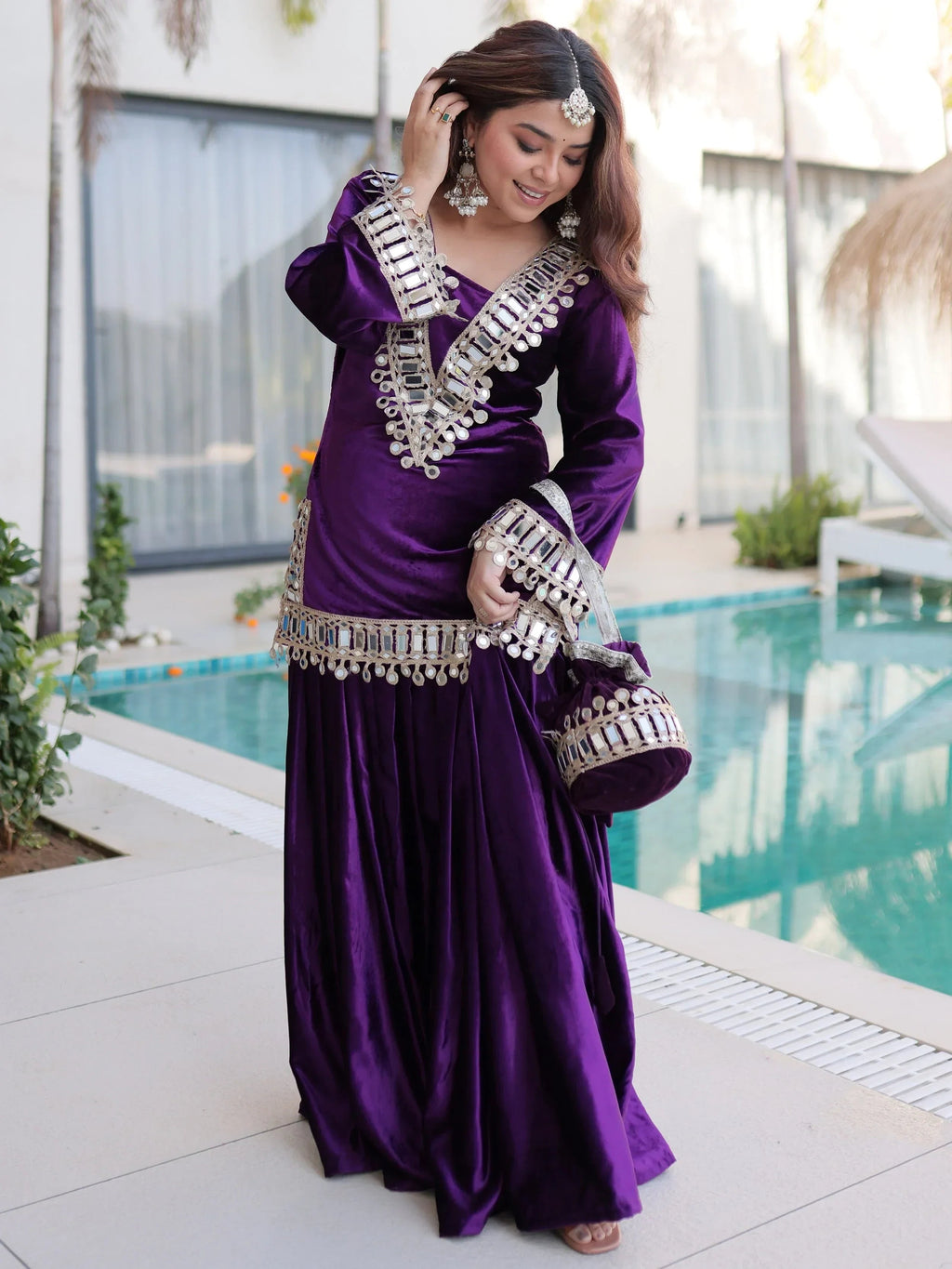 Purple Alluring Zari Embroidered Velvet Festival Wear Top With Palazzo