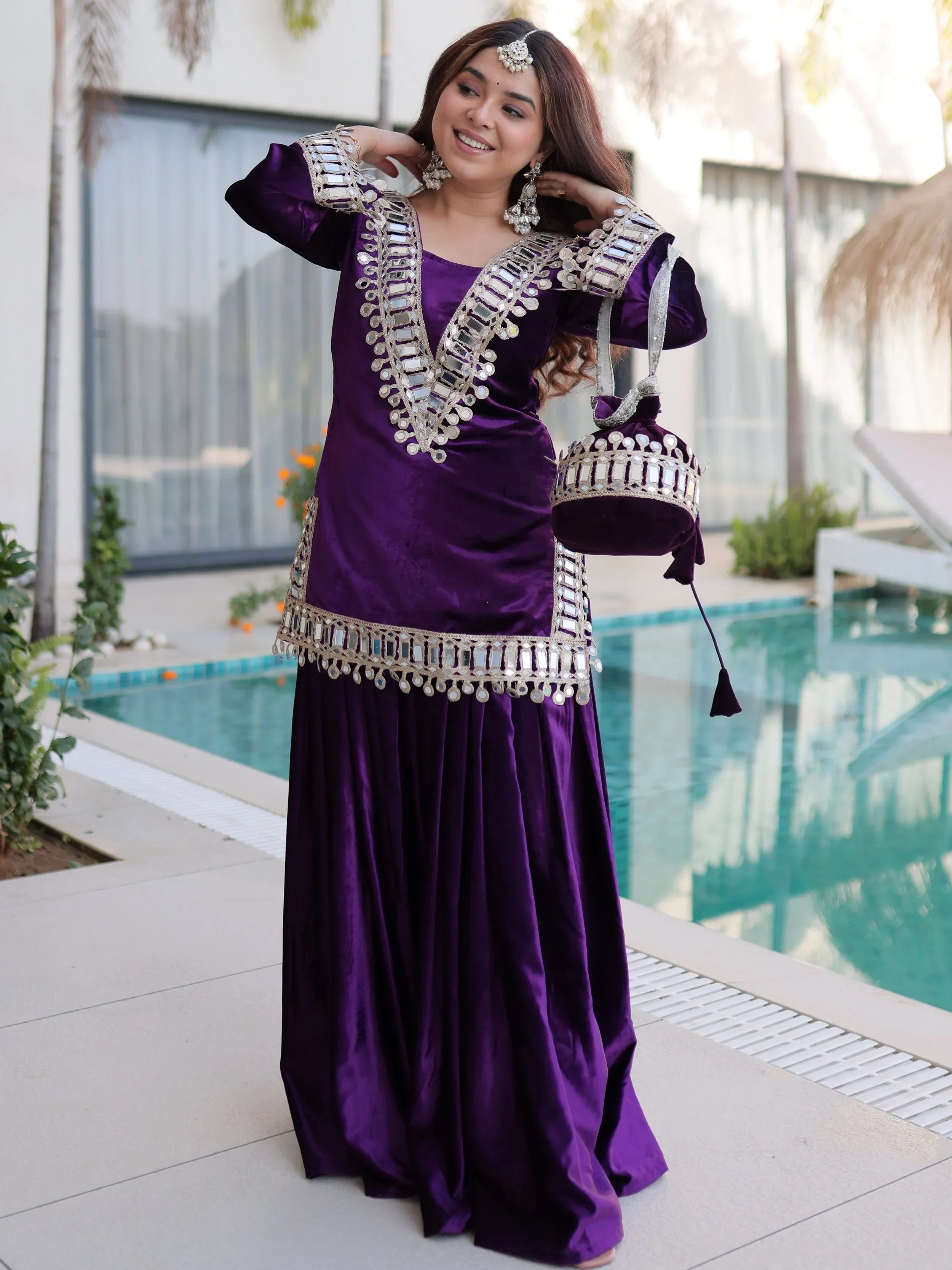 Purple Alluring Zari Embroidered Velvet Festival Wear Top With Palazzo
