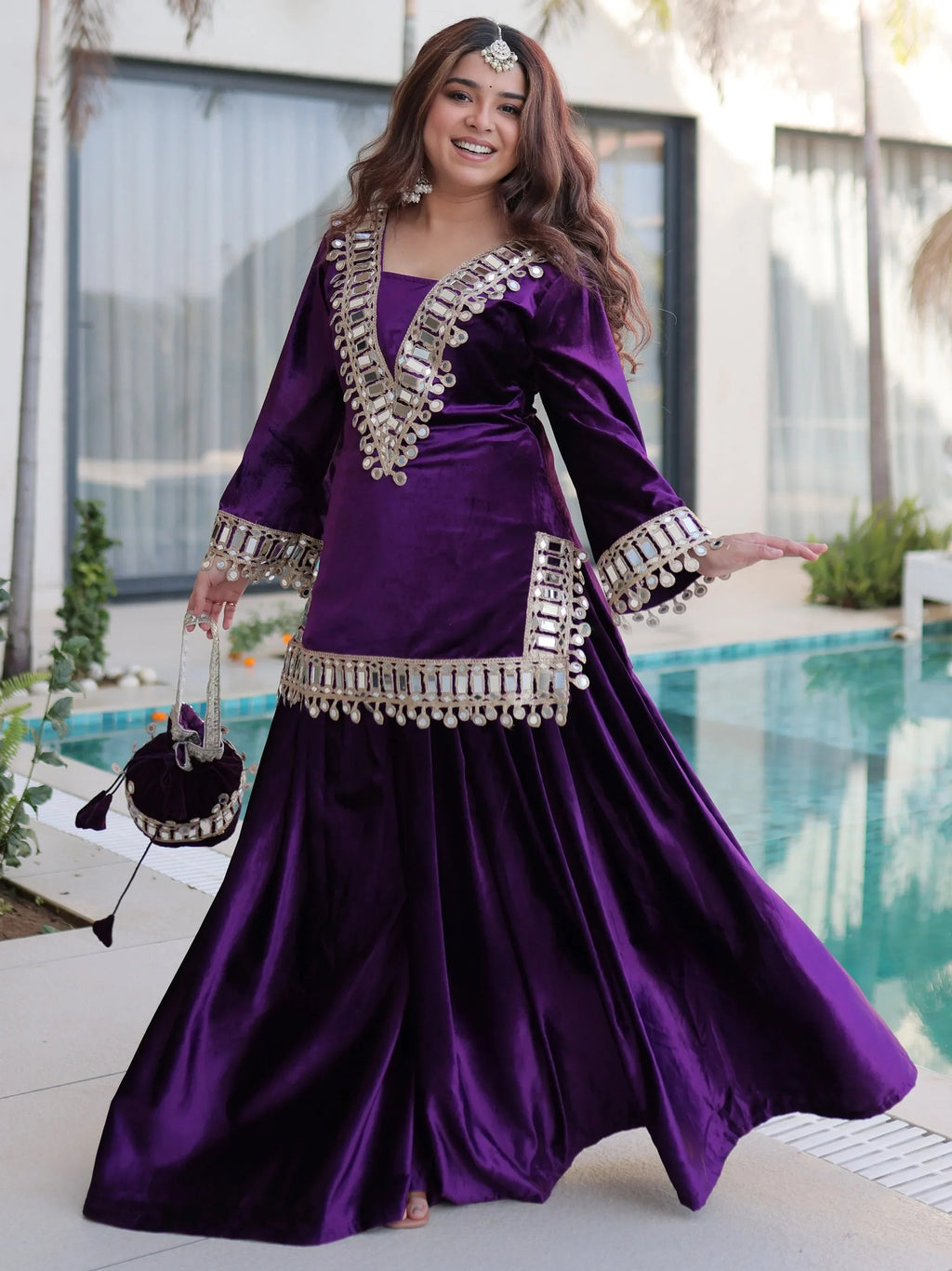 Purple Alluring Zari Embroidered Velvet Festival Wear Top With Palazzo