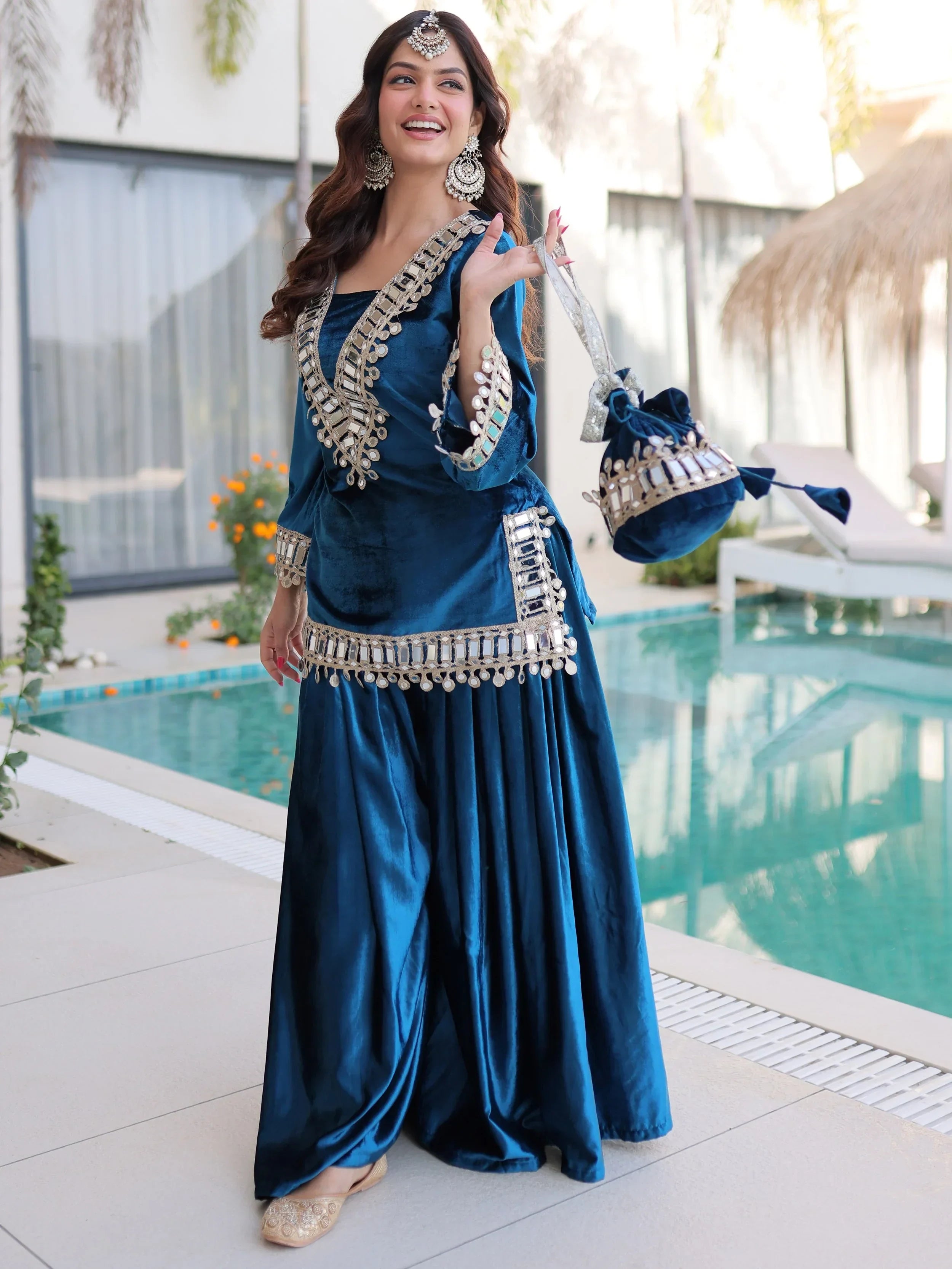 Blue Alluring Zari Embroidered Velvet Festival Wear Top With Palazzo