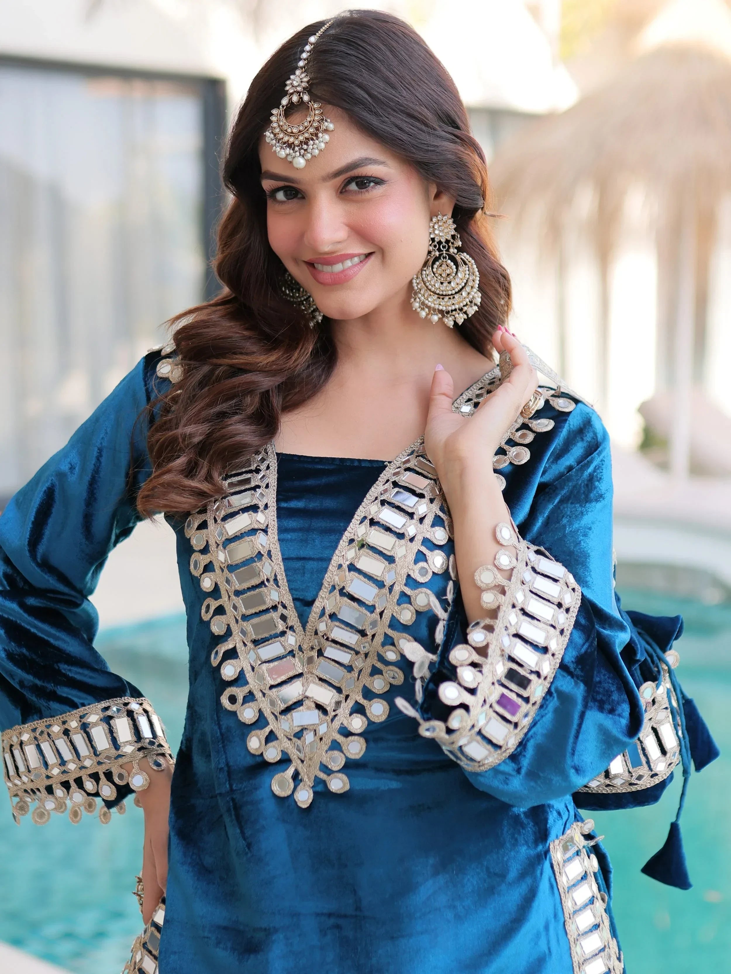 Blue Alluring Zari Embroidered Velvet Festival Wear Top With Palazzo