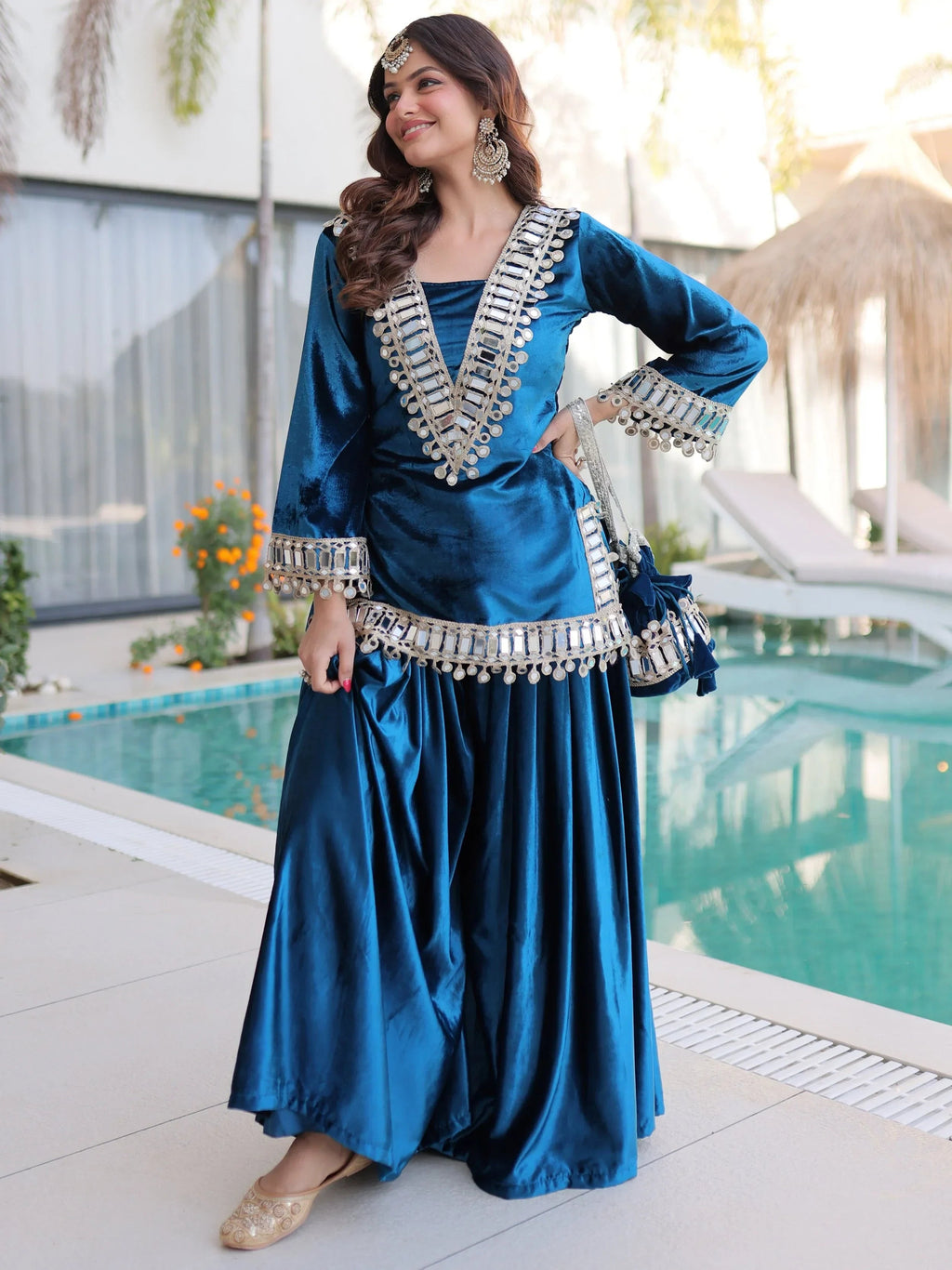 Blue Alluring Zari Embroidered Velvet Festival Wear Top With Palazzo
