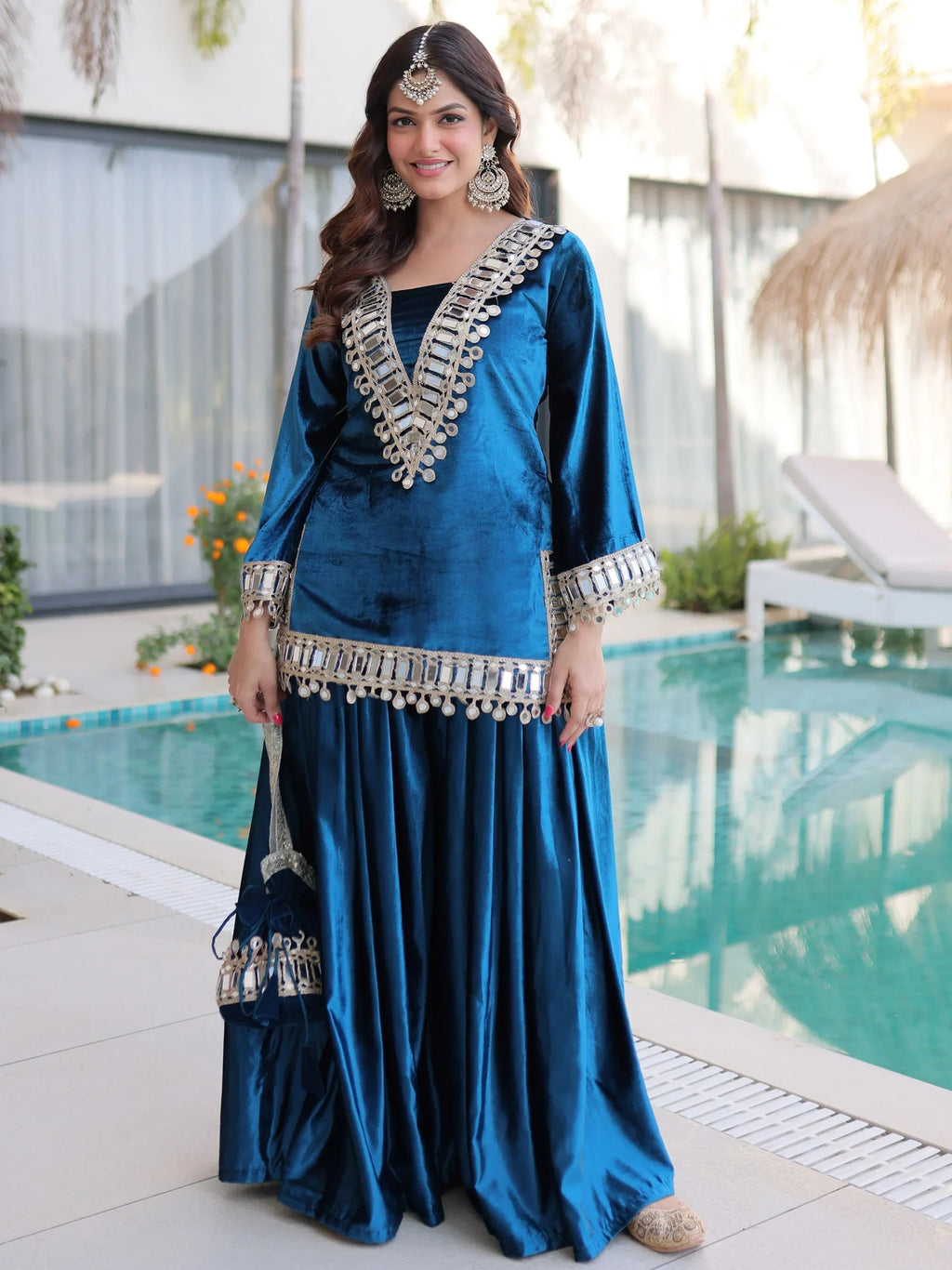 Blue Alluring Zari Embroidered Velvet Festival Wear Top With Palazzo