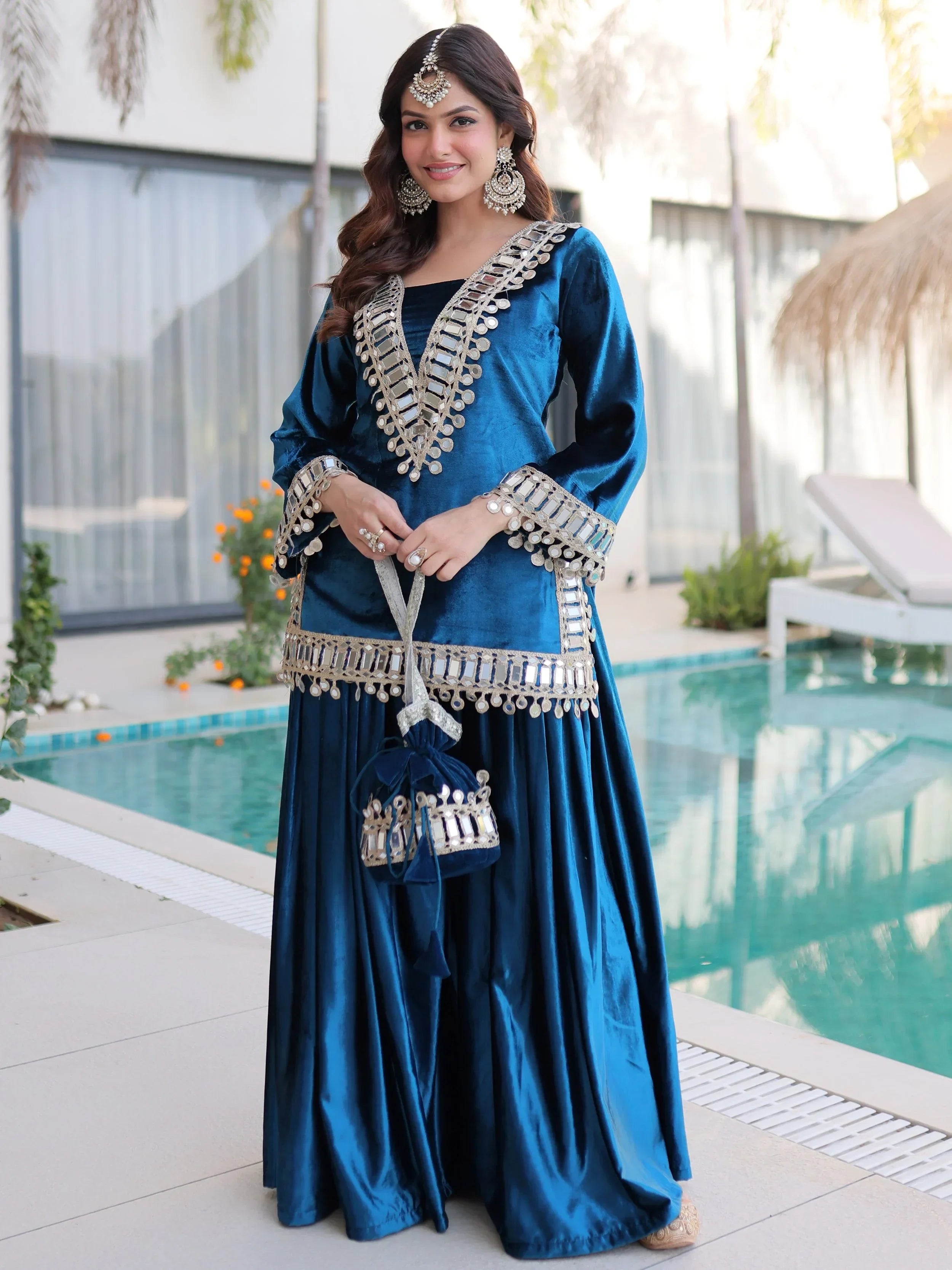 Blue Alluring Zari Embroidered Velvet Festival Wear Top With Palazzo