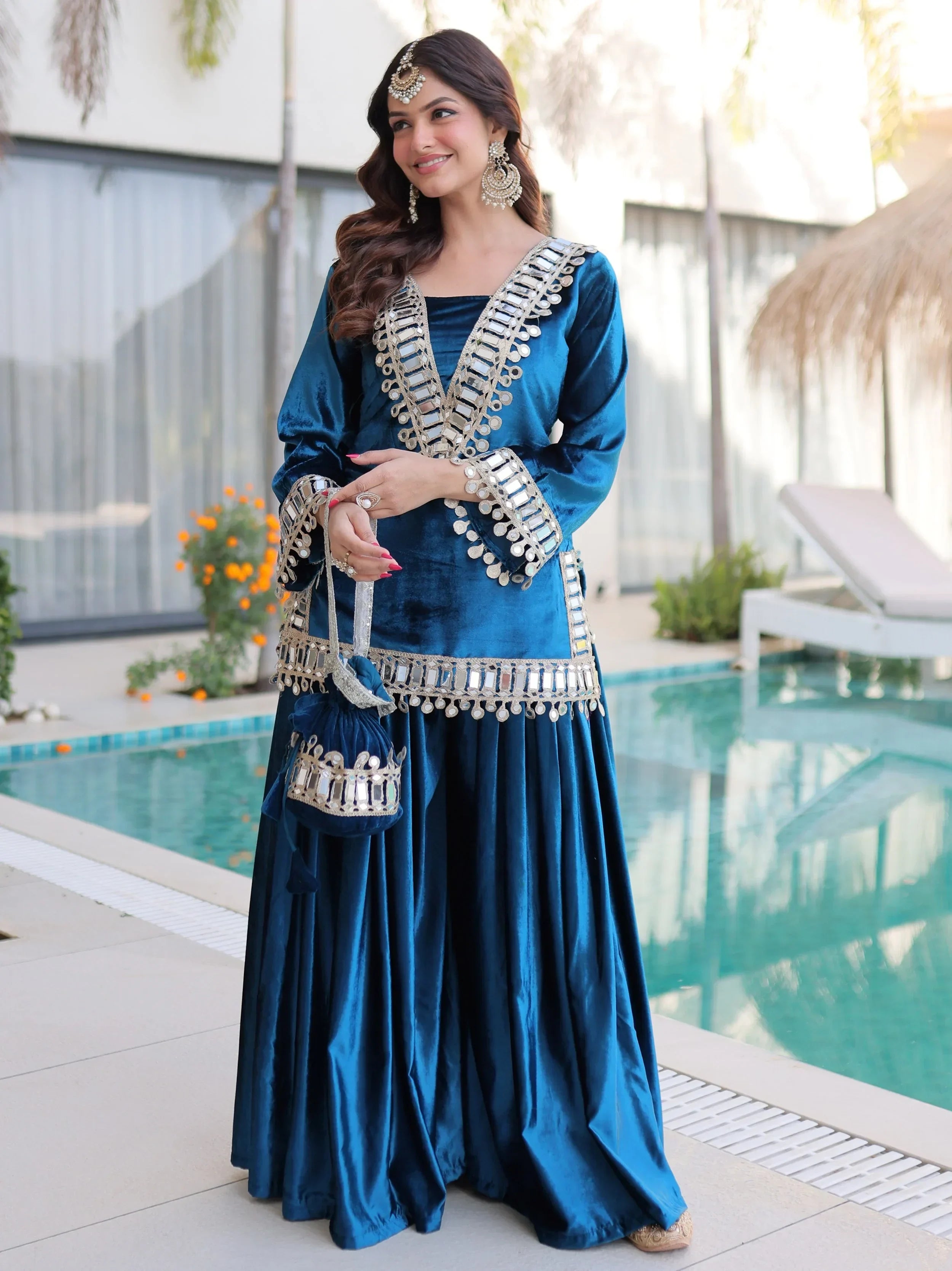 Blue Alluring Zari Embroidered Velvet Festival Wear Top With Palazzo
