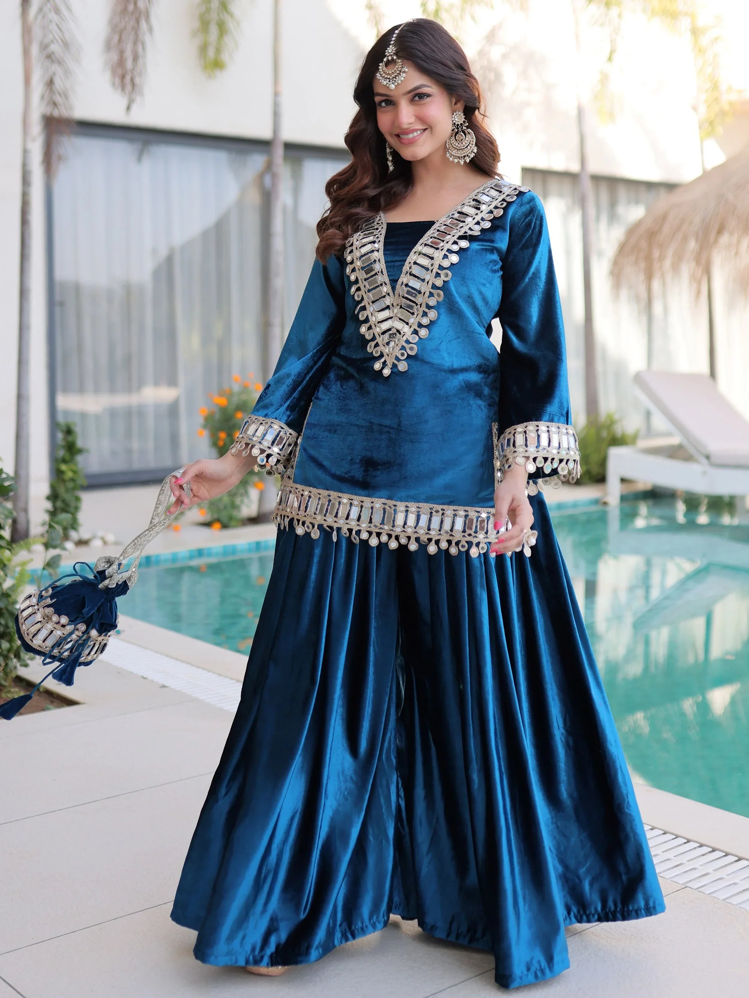 Blue Alluring Zari Embroidered Velvet Festival Wear Top With Palazzo