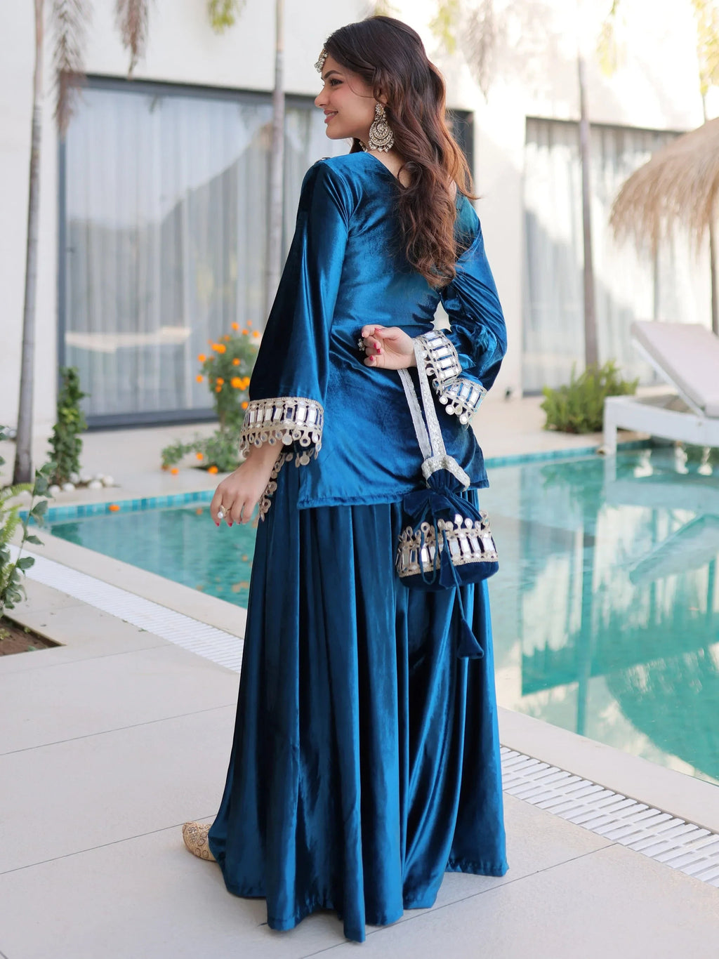 Blue Alluring Zari Embroidered Velvet Festival Wear Top With Palazzo
