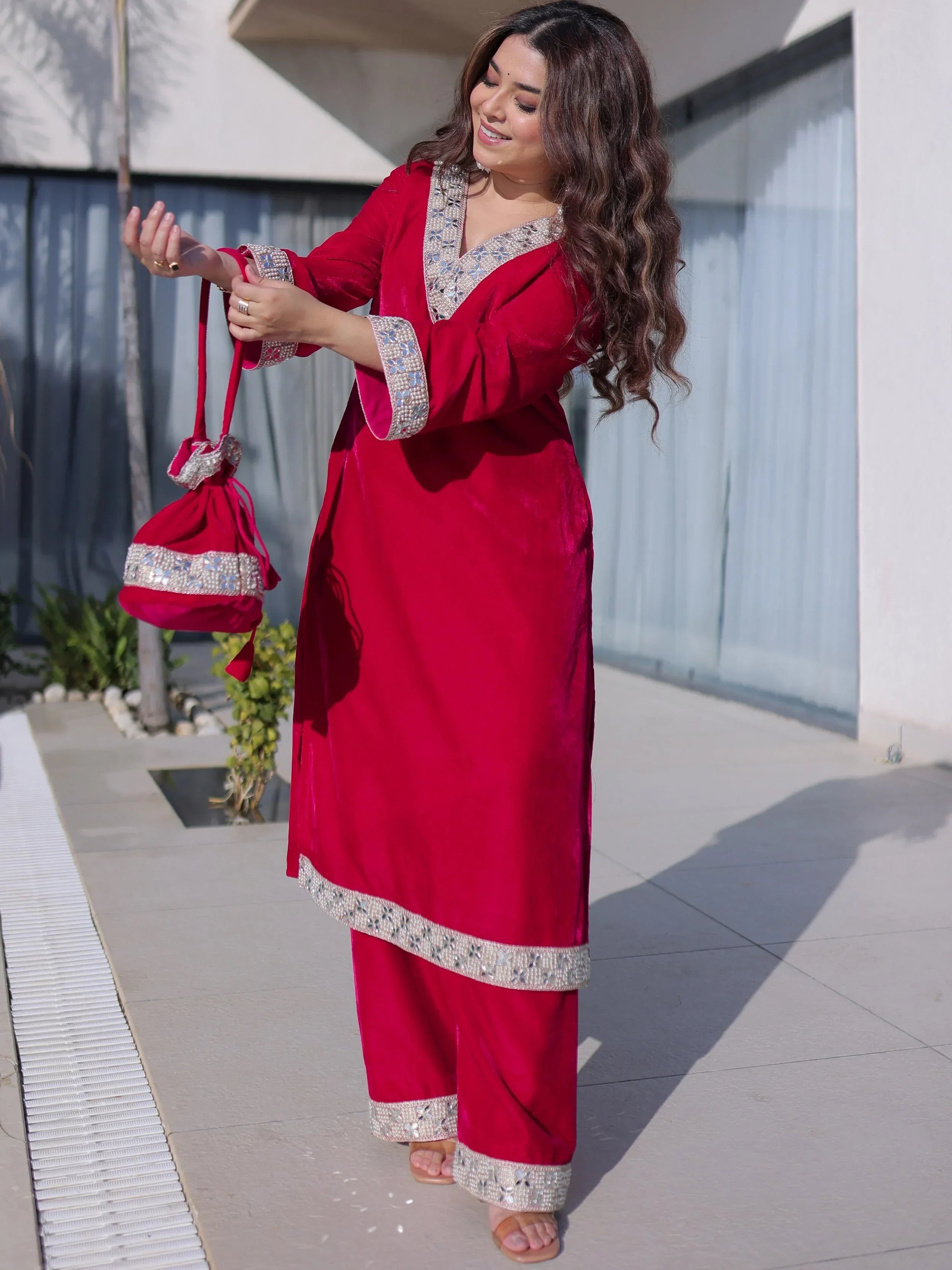 Pink Stylish Zari Embroidered Velvet Wedding Wear Salwar Kameez