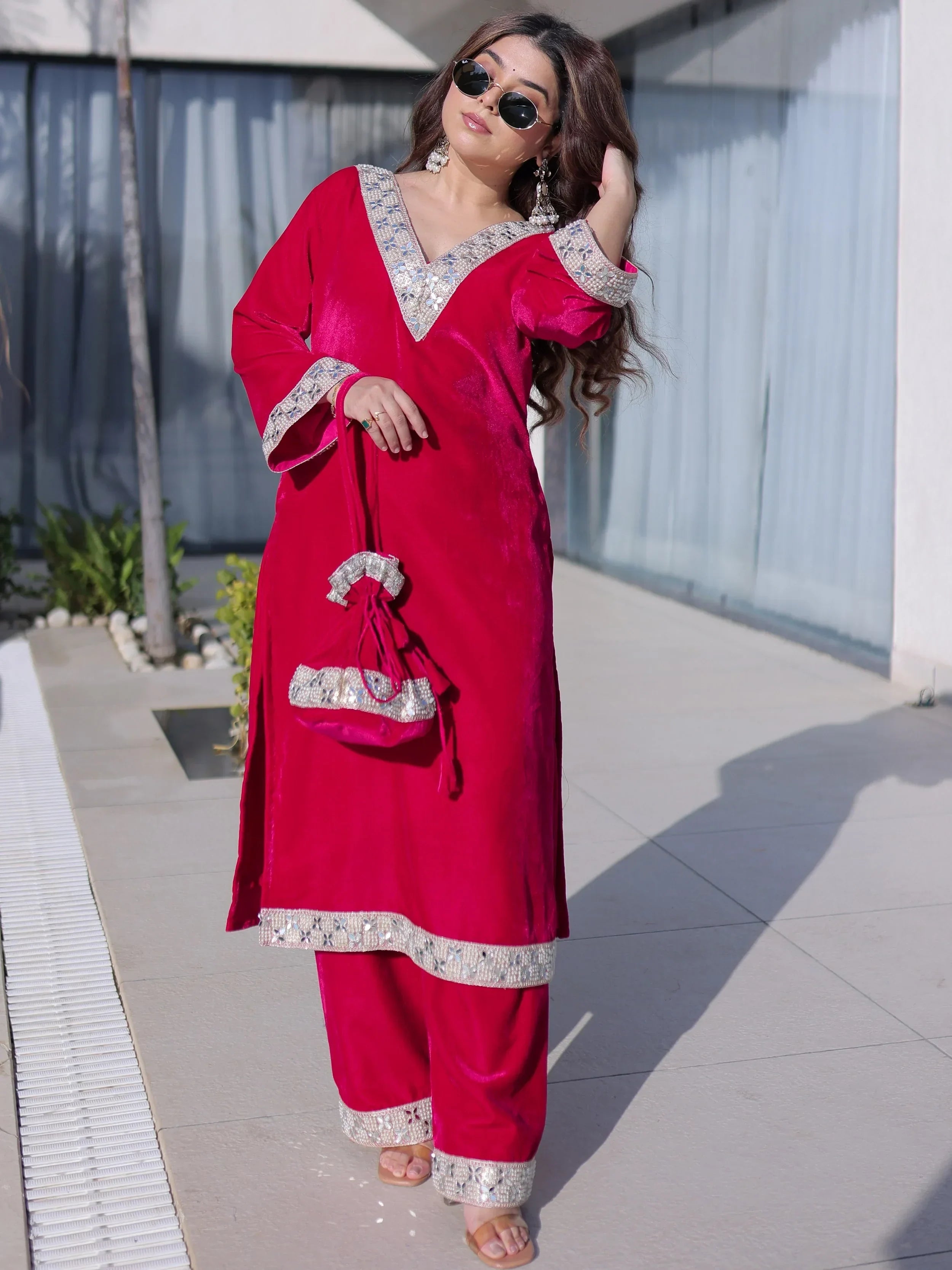 Pink Stylish Zari Embroidered Velvet Wedding Wear Salwar Kameez