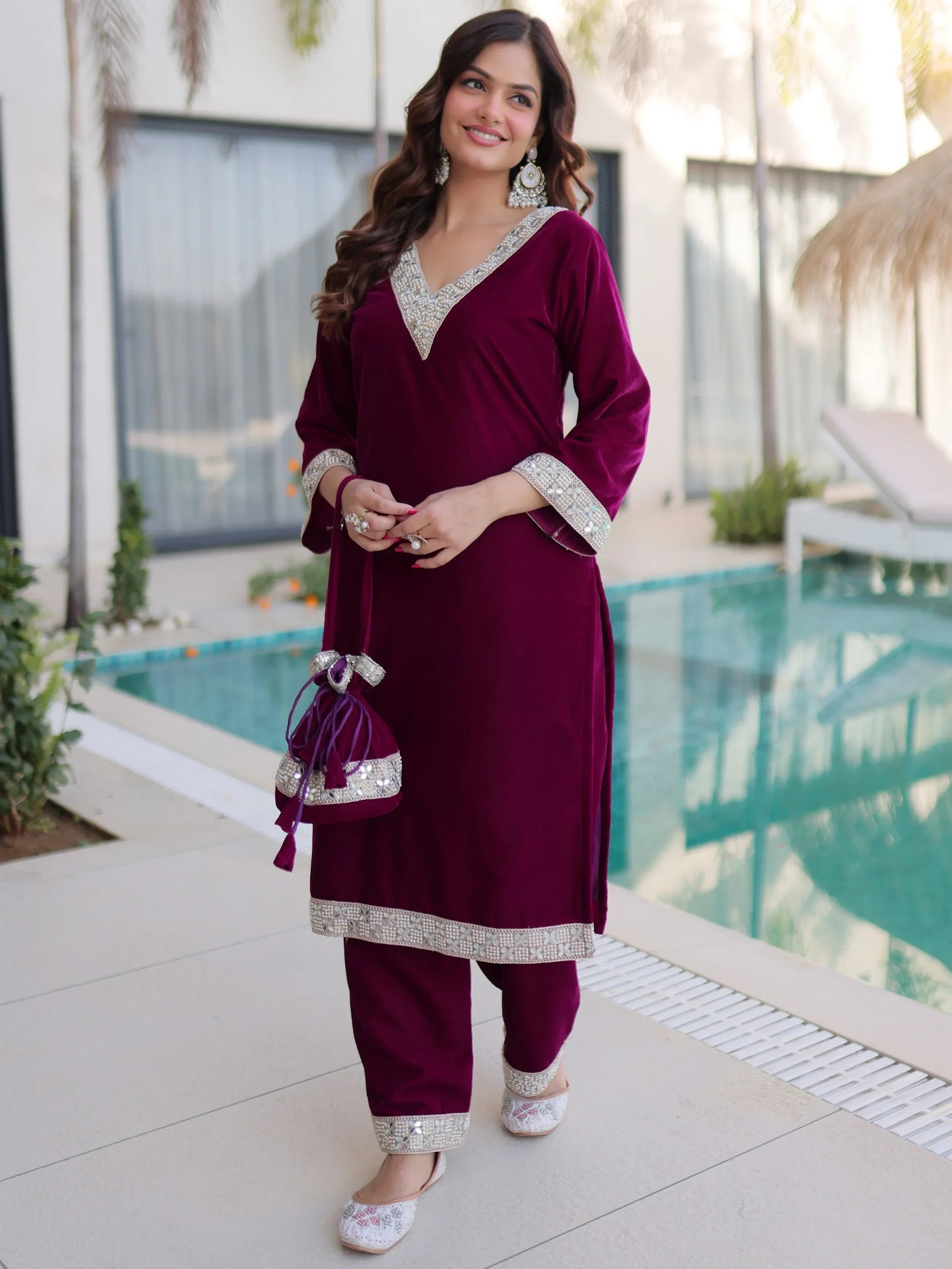 Wine Stylish Zari Embroidered Velvet Wedding Wear Salwar Kameez