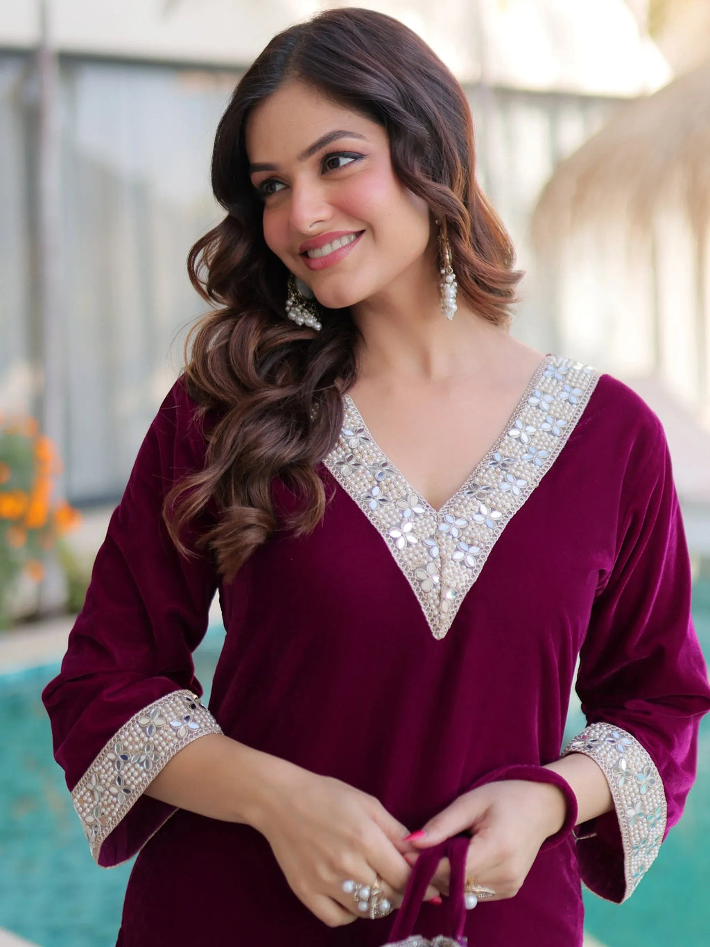 Wine Stylish Zari Embroidered Velvet Wedding Wear Salwar Kameez