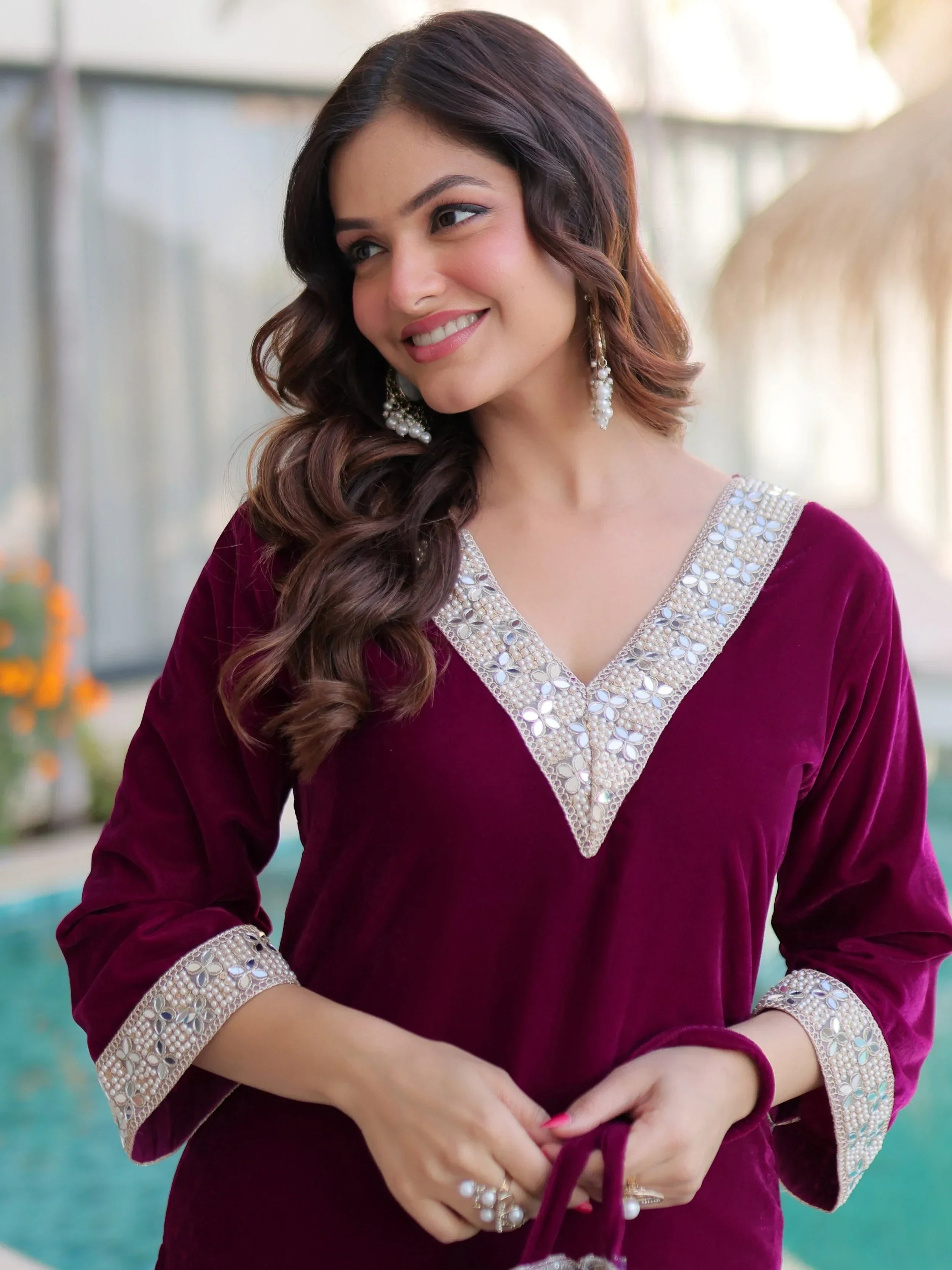 Wine Stylish Zari Embroidered Velvet Wedding Wear Salwar Kameez